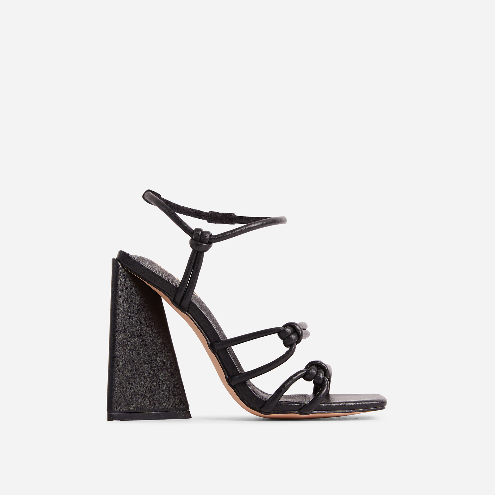 Expression Wide Fit Knotted Detail Strappy Square Toe Sculptured Flared Block Heel In Black Faux Leather, Black (EGO SHOES)