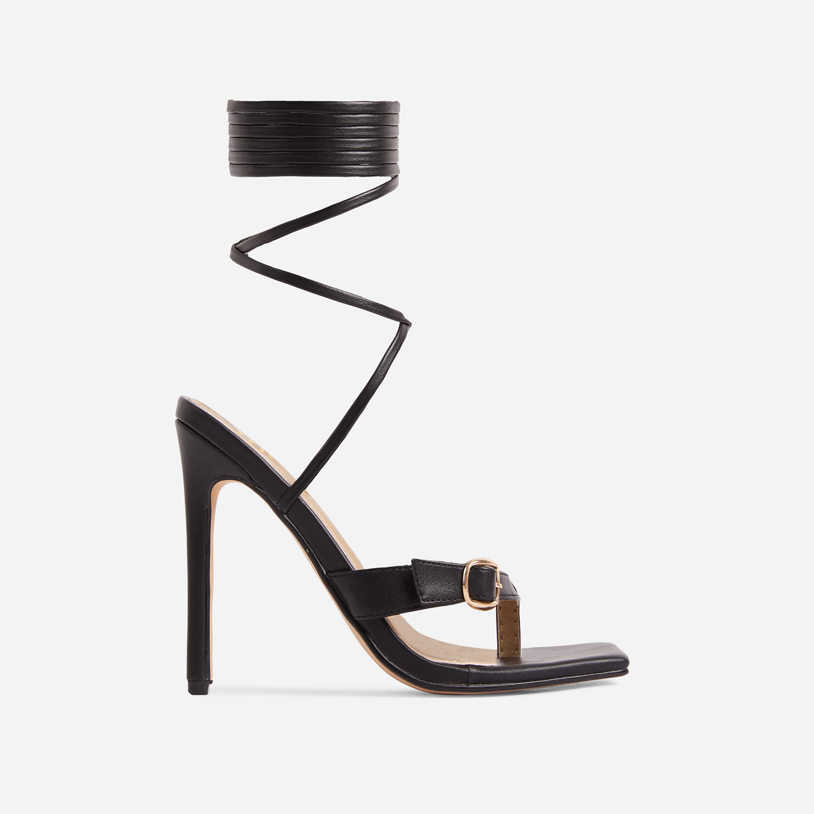 Forever-Yours Buckle Detail Lace Up Square Toe Heel In Black Faux Leather, Black (EGO SHOES)