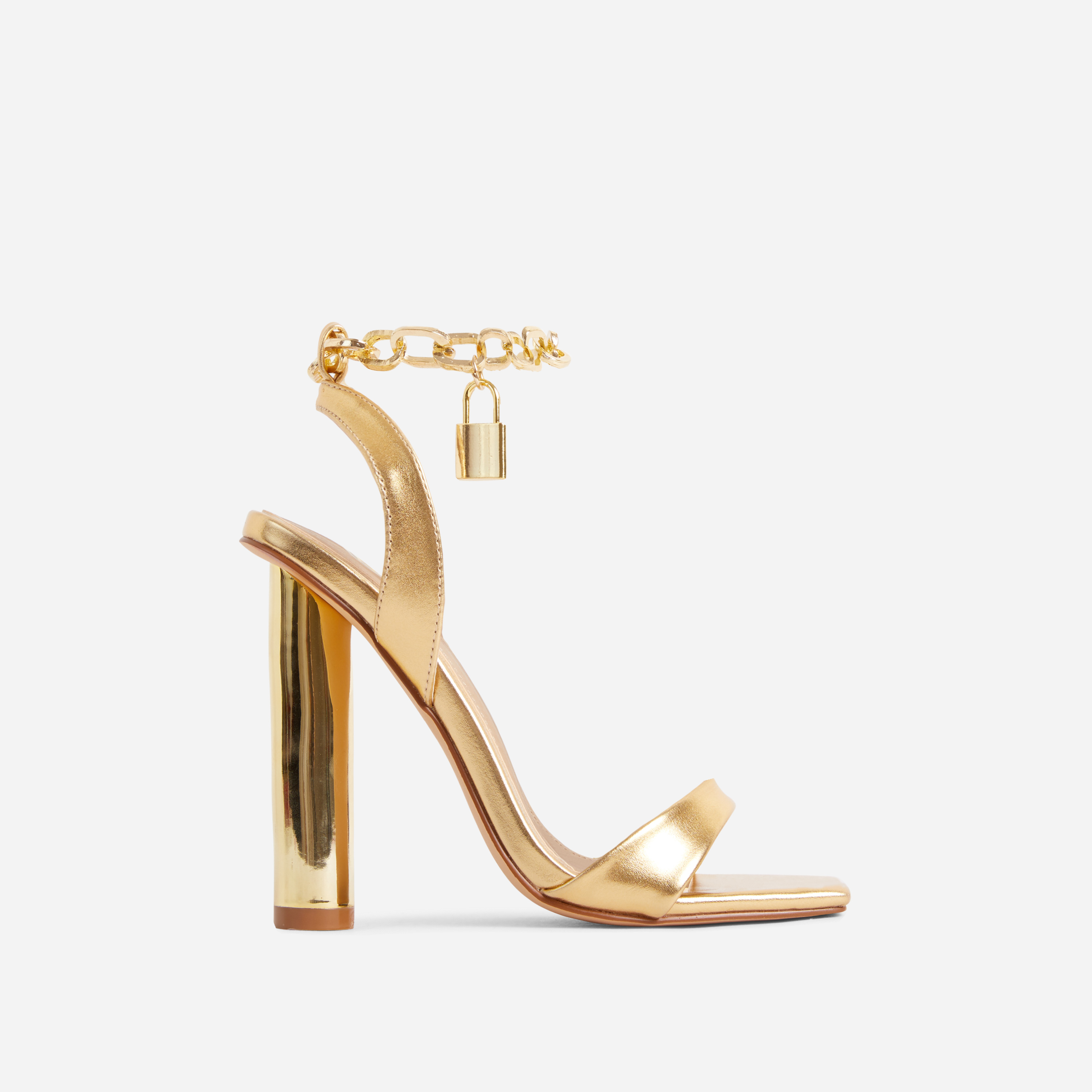 Locked-In Chain Padlock Strap Square Toe Round Metallic Block Heel In Gold Faux Leather, Gold (EGO SHOES)