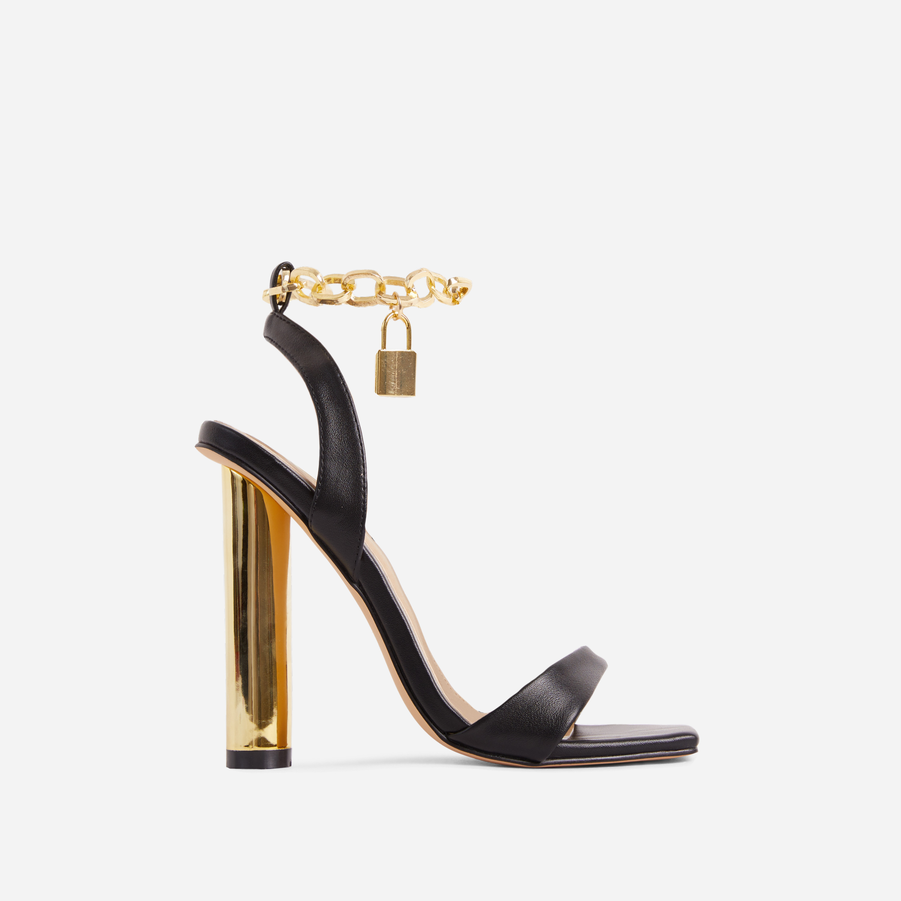 Locked-In Chain Padlock Strap Square Toe Round Metallic Block Heel In Black Faux Leather, Black (EGO SHOES)