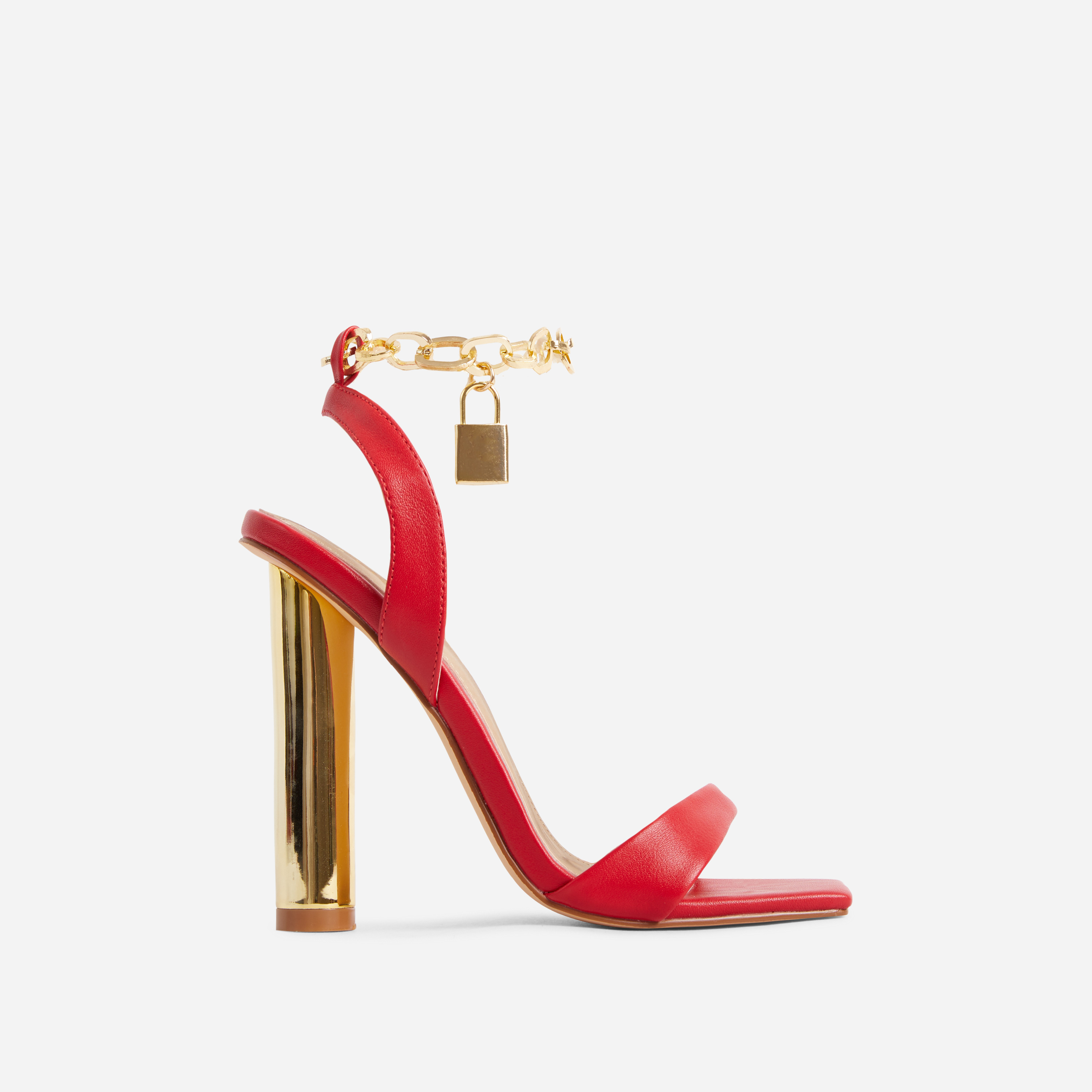 Locked-In Chain Padlock Strap Square Toe Round Metallic Block Heel In Red Faux Leather, Red (EGO SHOES)