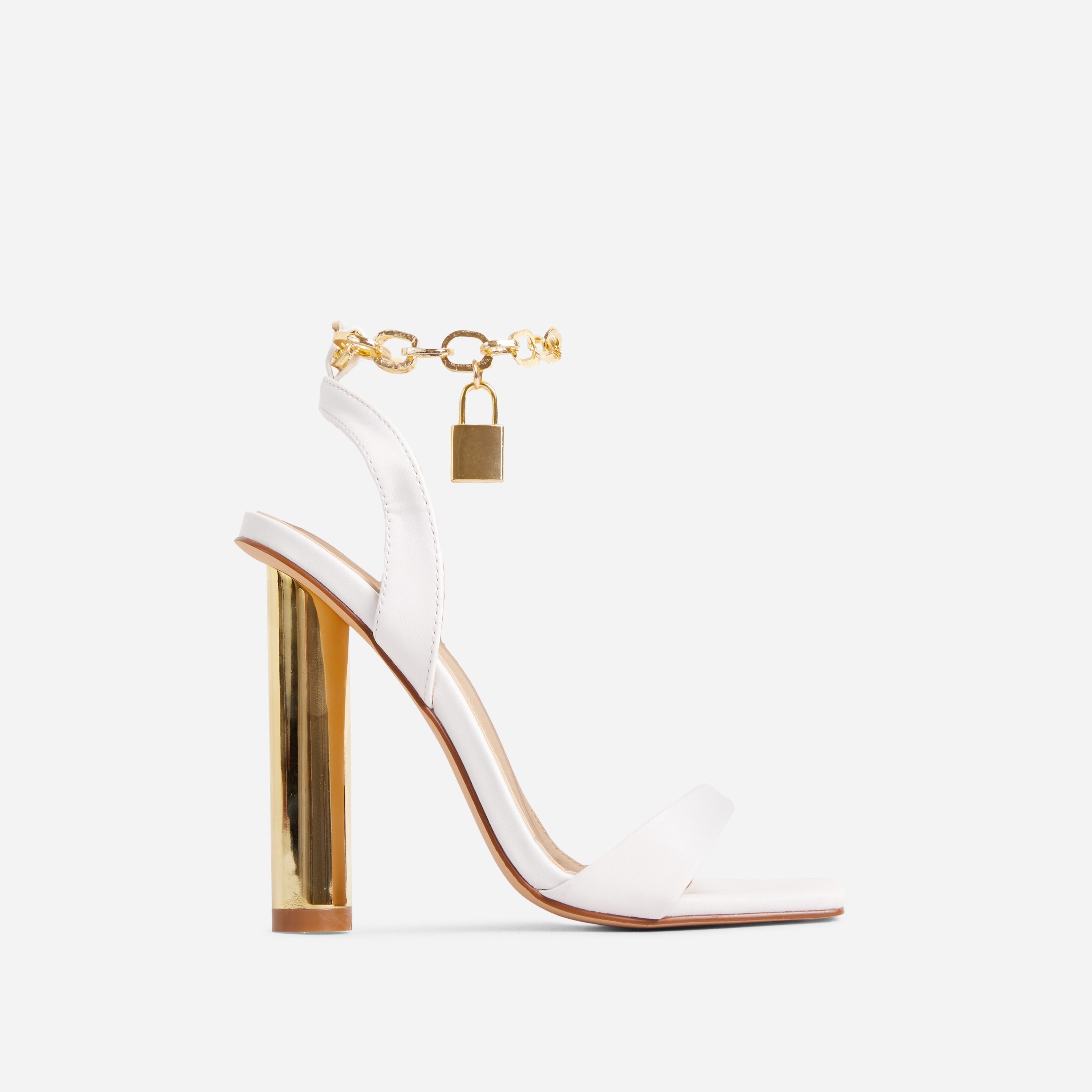 Locked-In Chain Padlock Strap Square Toe Round Metallic Block Heel In White Faux Leather, White (EGO SHOES)