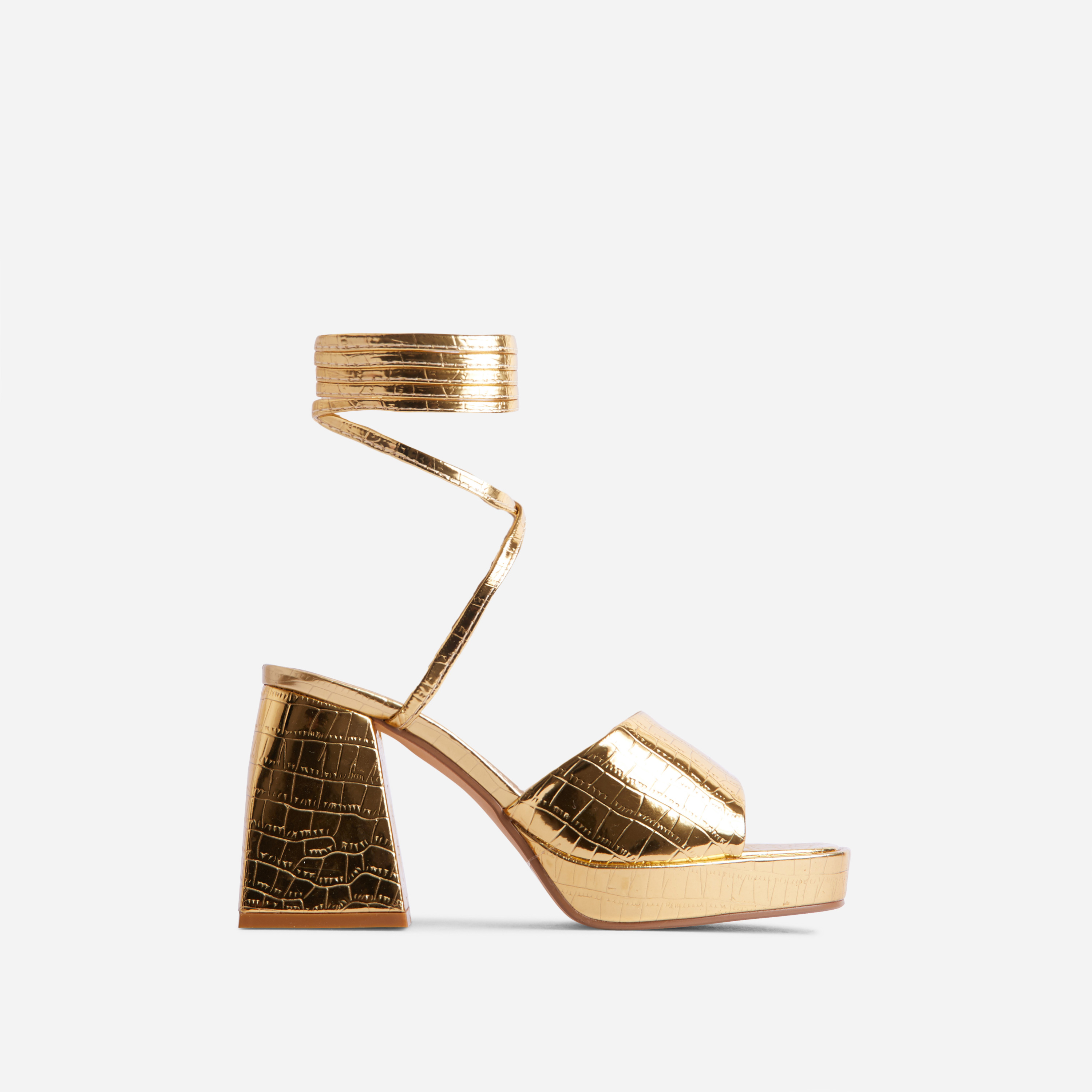 Dreamer Lace Up Square Toe Platform Flared Block Heel In Gold Croc Print Faux Leather, Gold (EGO SHOES)