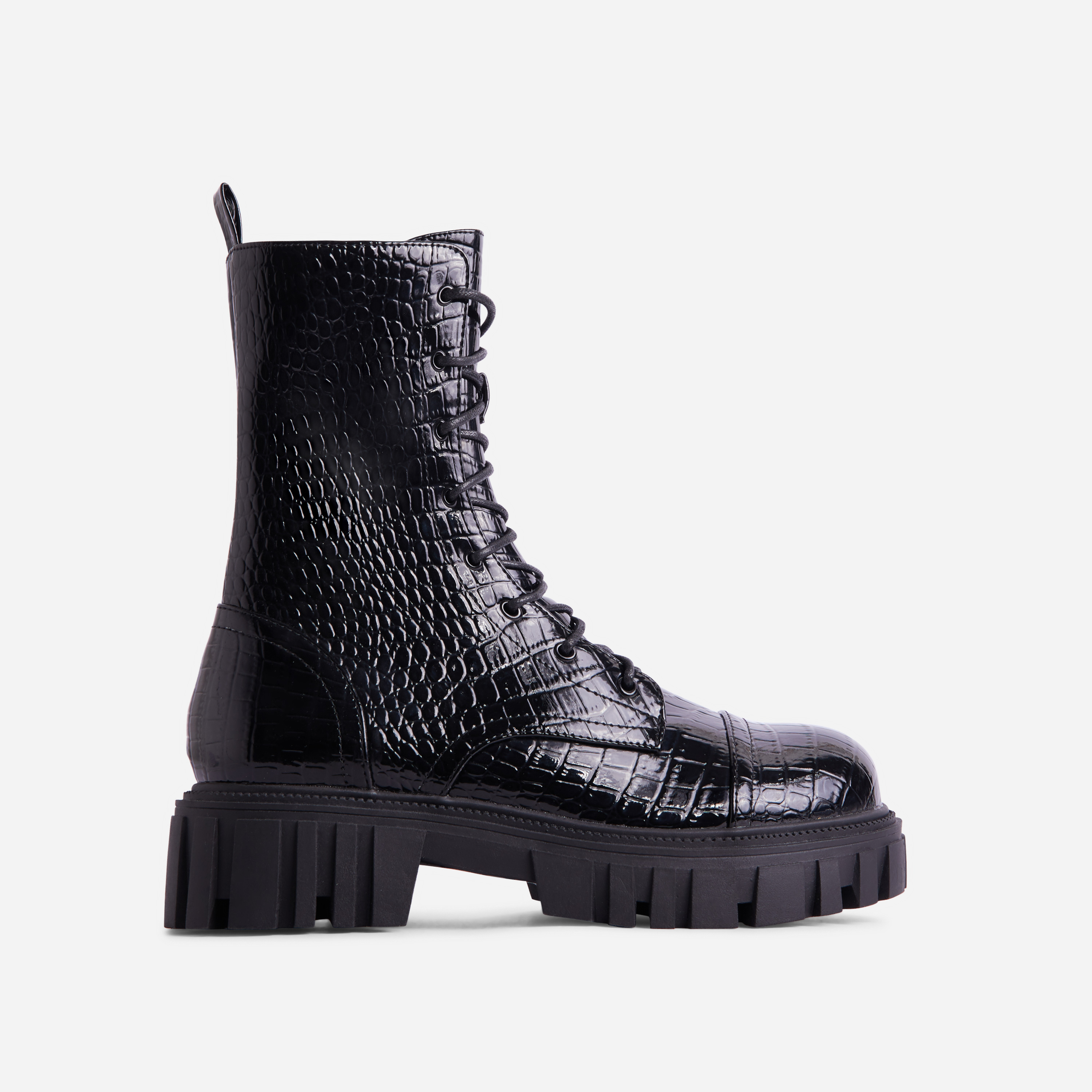 Tractor Lace Up Chunky Sole Ankle Biker Boot In Black Croc Print Faux Leather, Black (EGO SHOES)