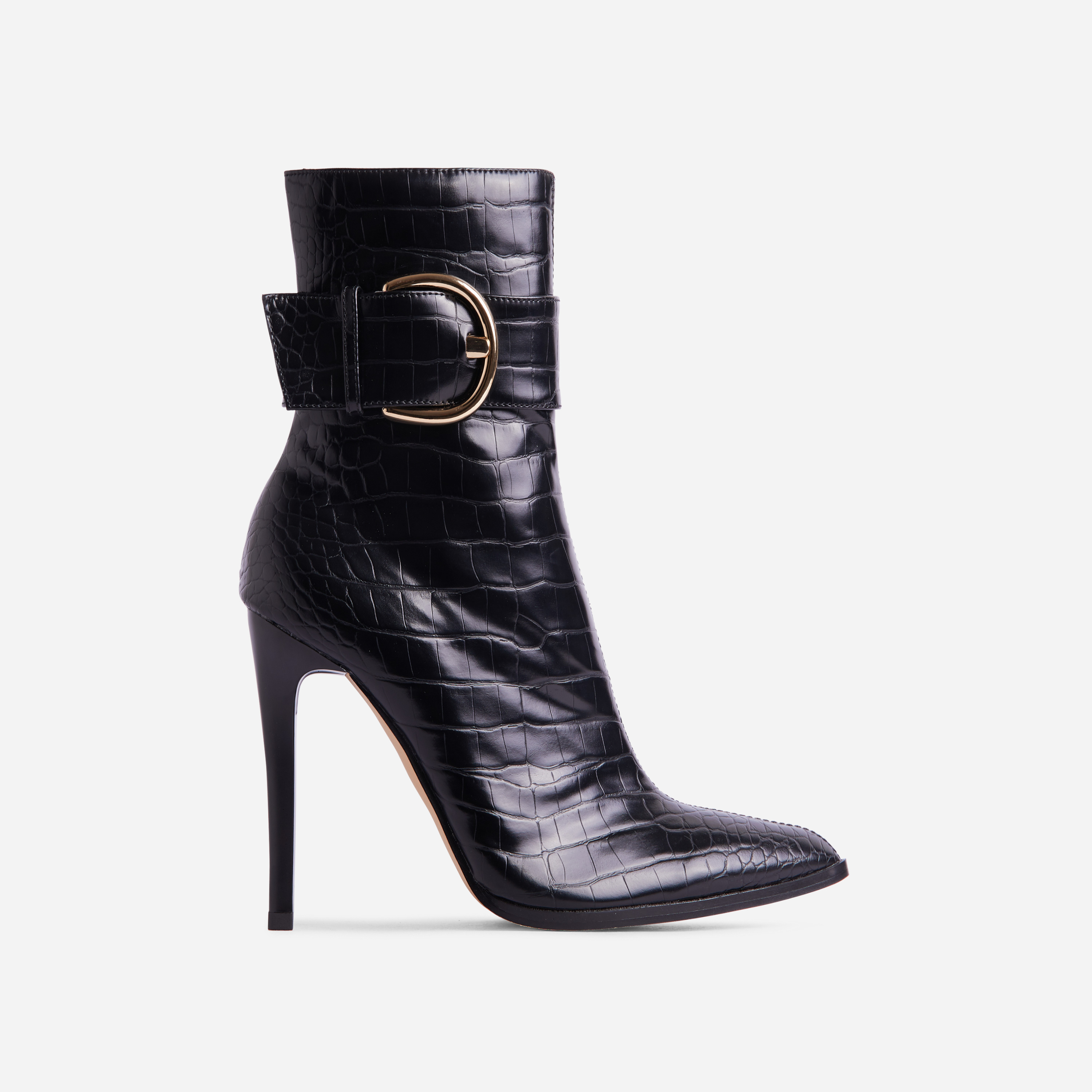 Soraya Buckle Detail Pointed Toe Stiletto Heel Ankle Boot In Black Croc Print Faux Leather, Black (EGO SHOES)