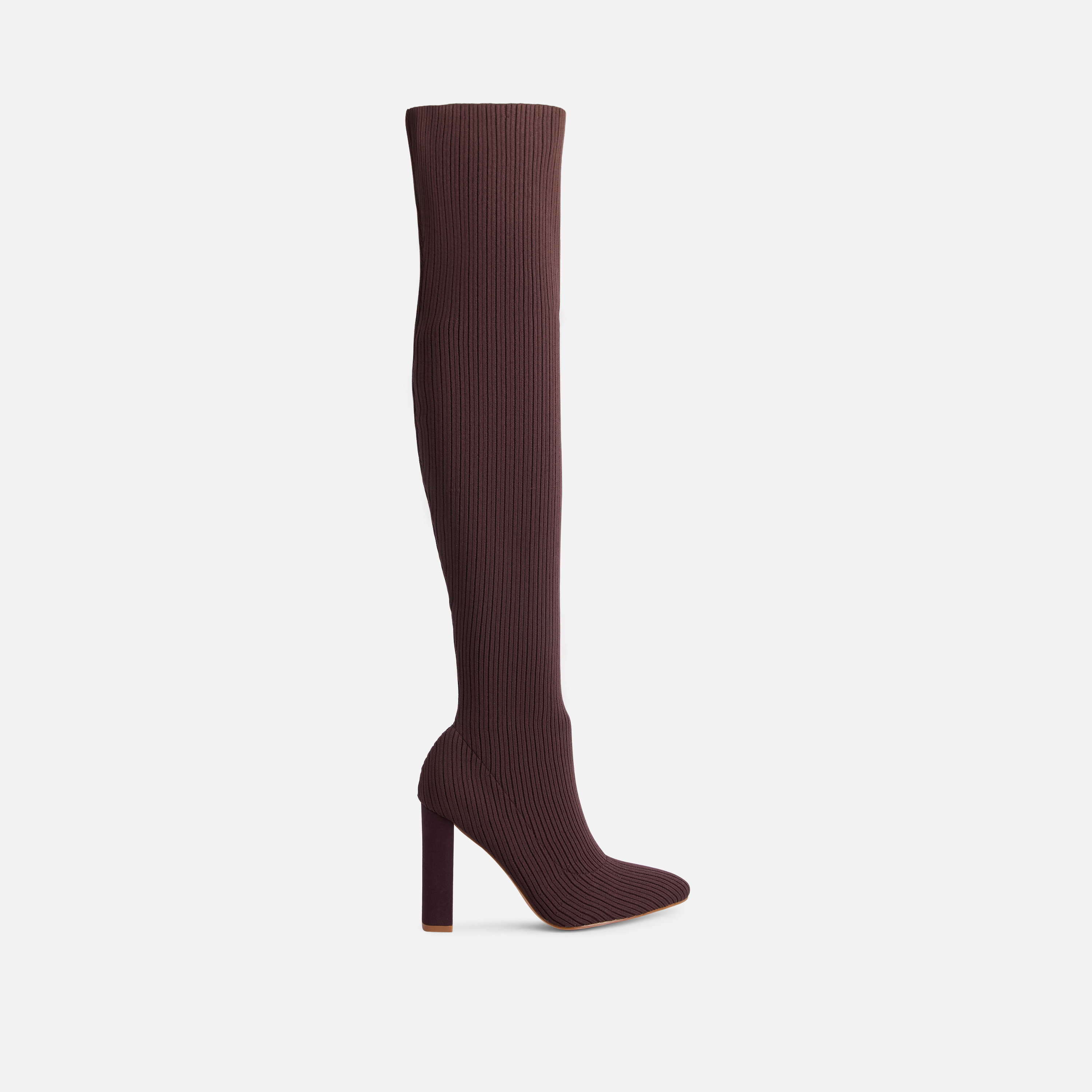 Only-Fans Block Heel Over The Knee Thigh High Long Sock Boot In Dark Brown Ribbed Knit, Brown (EGO SHOES)