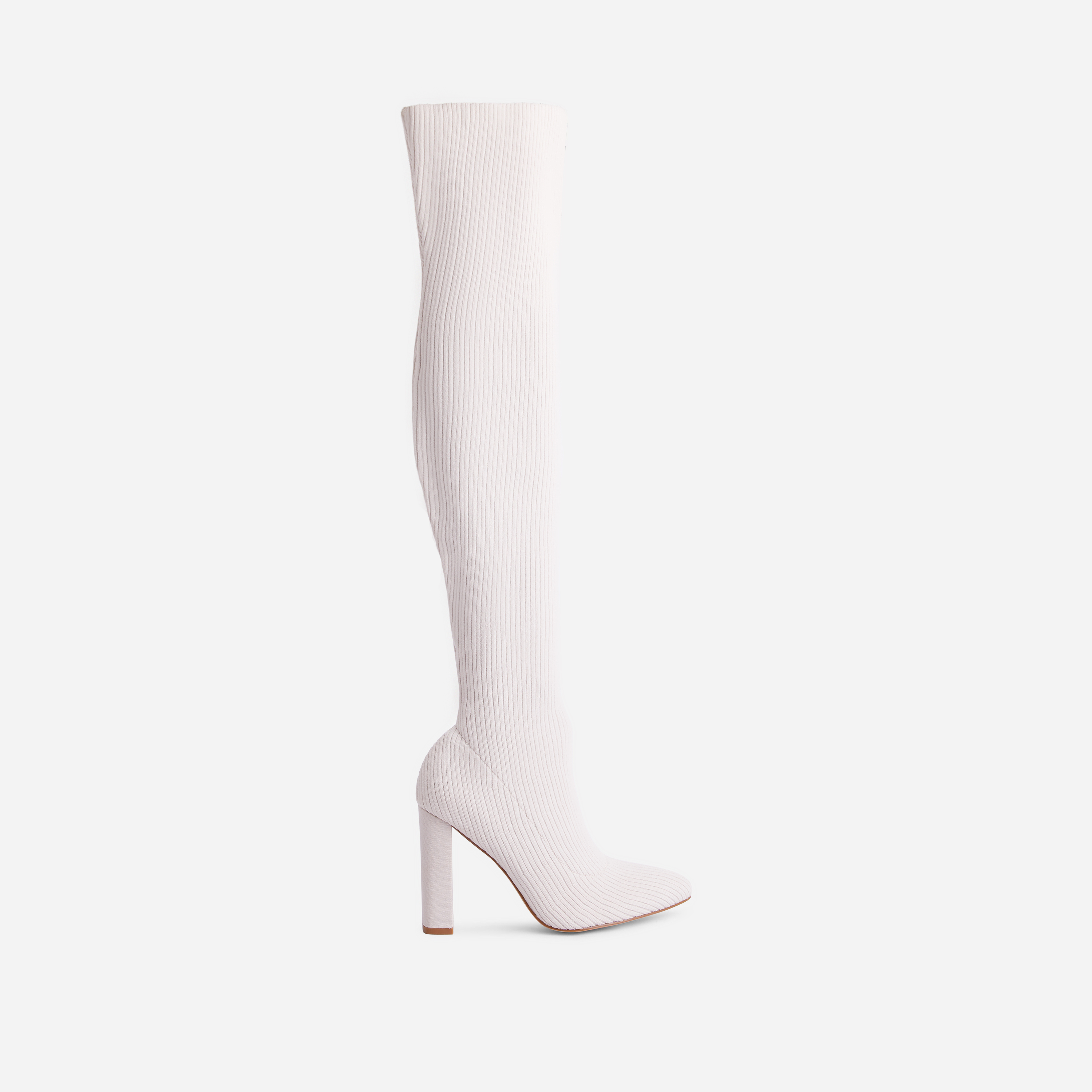 Only-Fans Block Heel Over The Knee Thigh High Long Sock Boot In Cream Nude Ribbed Knit, Nude (EGO SHOES)