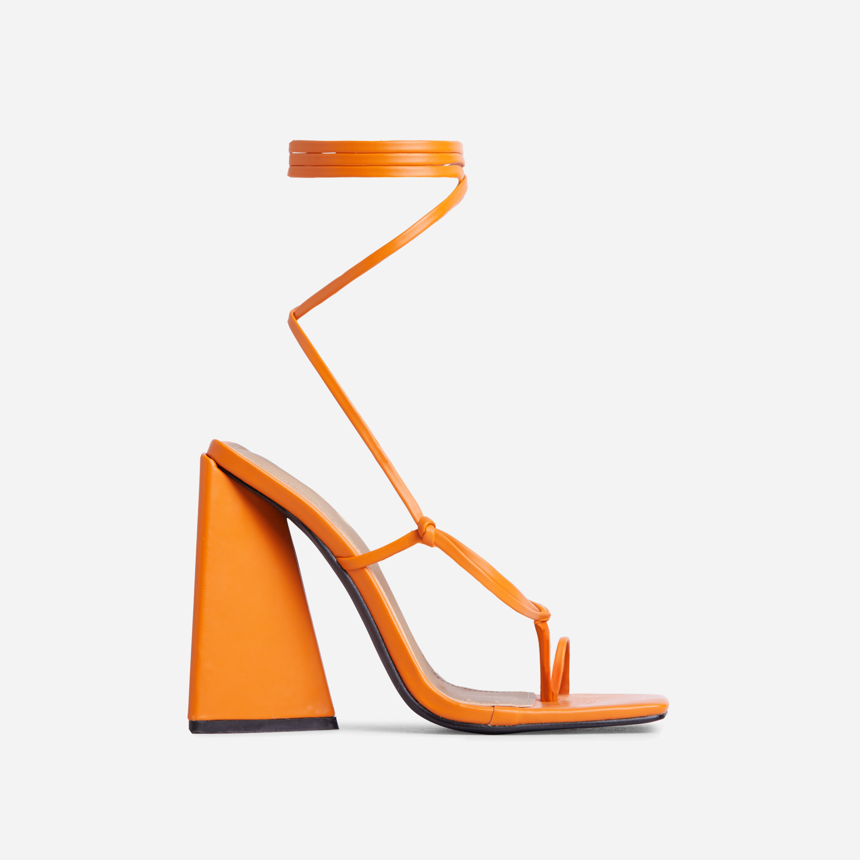 Miah Lace Up Knotted Strappy Detail Square Toe Sculptured Flared Block Heel In Orange Faux Leather, Orange (EGO SHOES)