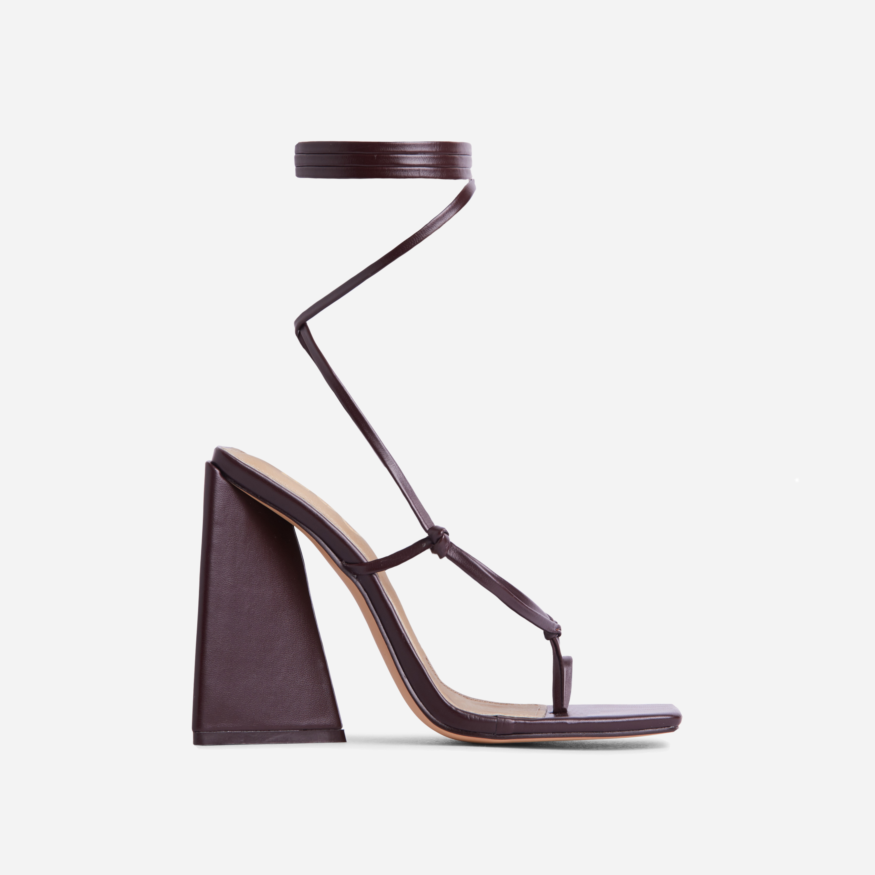 Miah Lace Up Knotted Strappy Detail Square Toe Sculptured Flared Block Heel In Dark Brown Faux Leather, Brown (EGO SHOES)