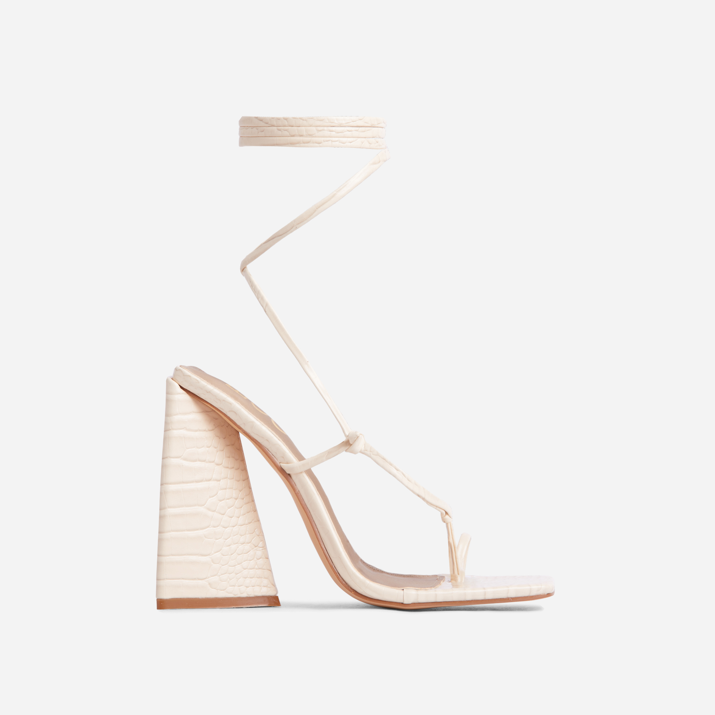 Miah Lace Up Knotted Strappy Detail Square Toe Sculptured Flared Block Heel In Cream Nude Croc Print Faux Leather, Nude (EGO SHOES)