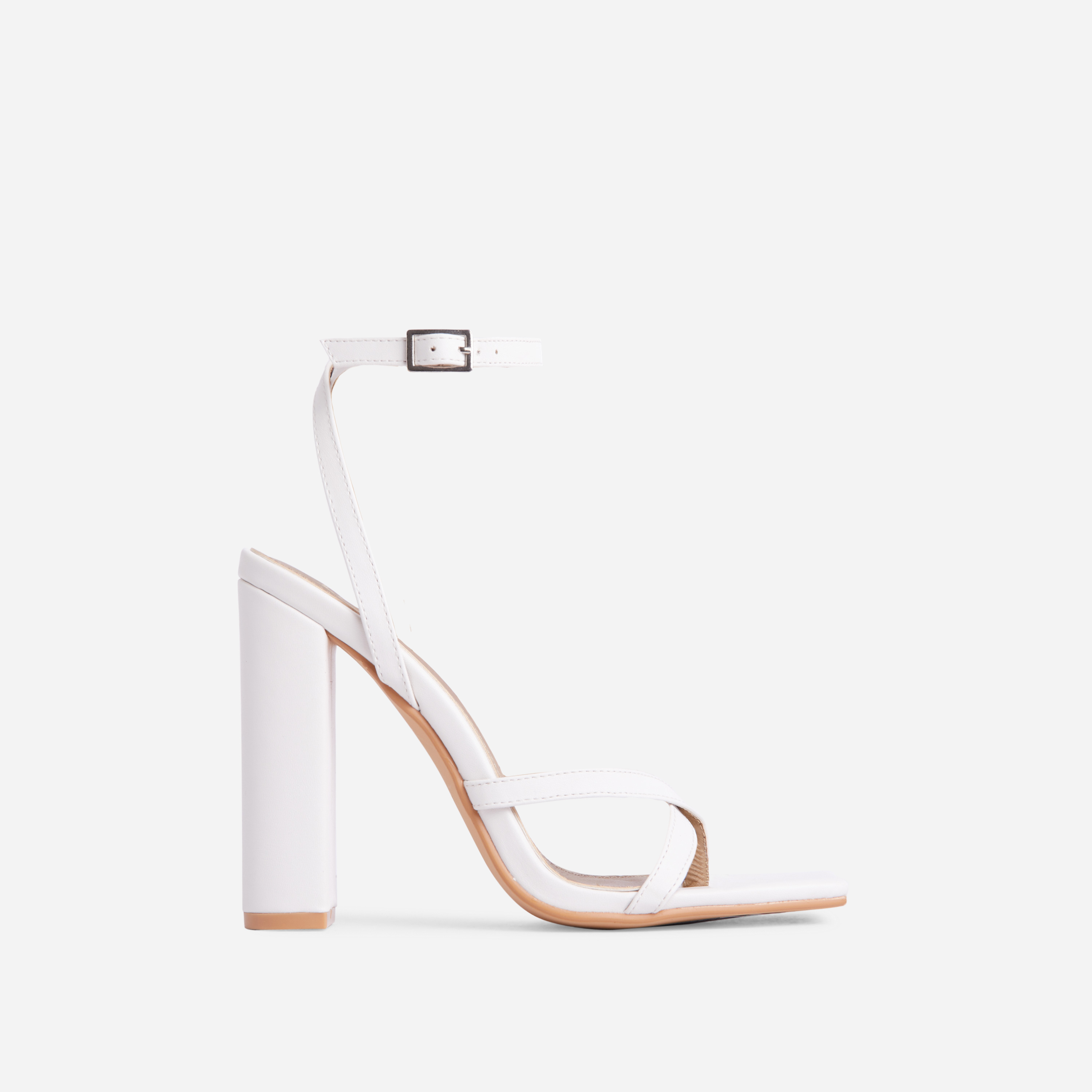 Piper Cross Strap Detail Square Toe Block Heel In White Faux Leather, White (EGO SHOES)