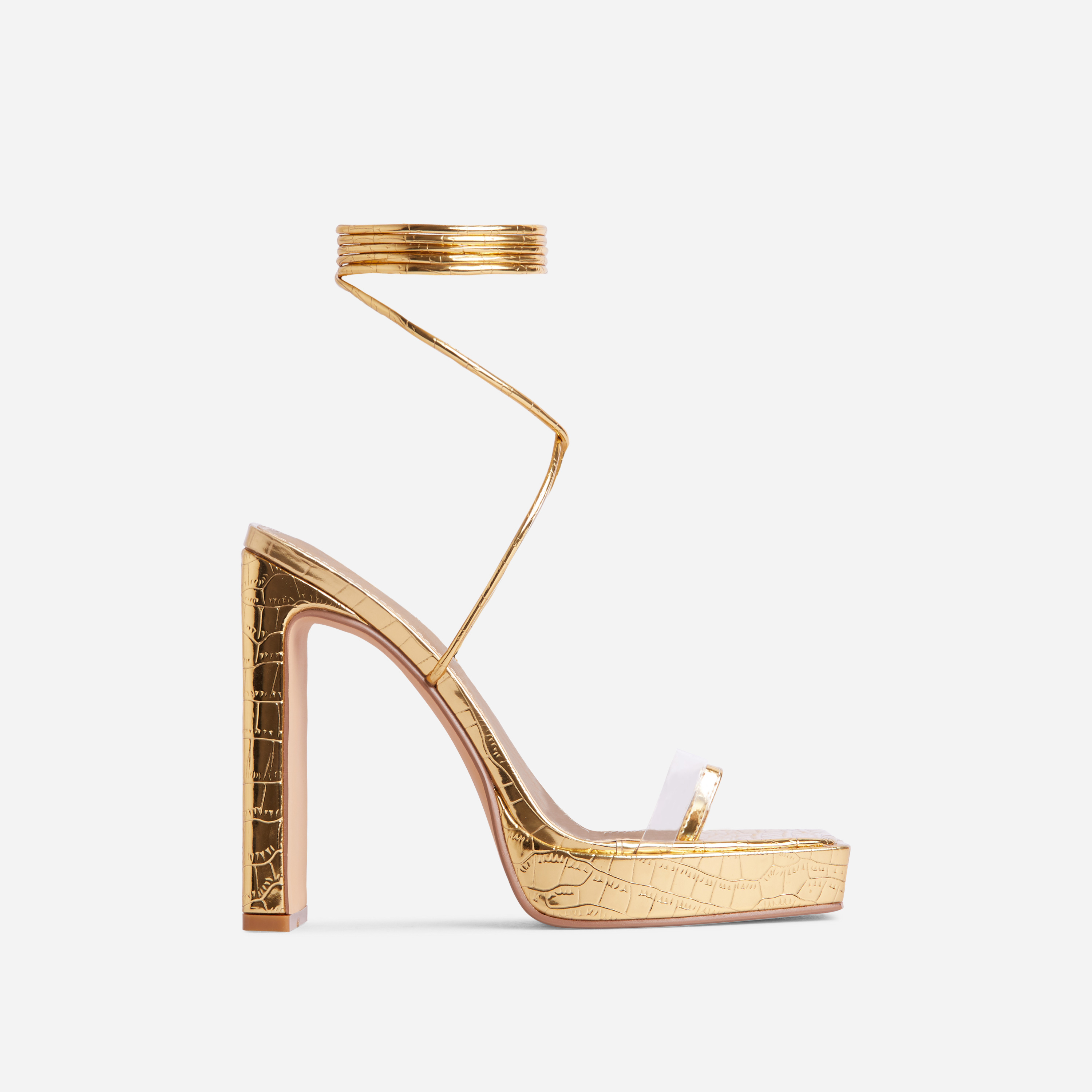 Total-Flirt Lace Up Perspex Detail Square Toe Platform Thin Block Heel In Gold Croc Print Faux Leather, Gold (EGO SHOES)