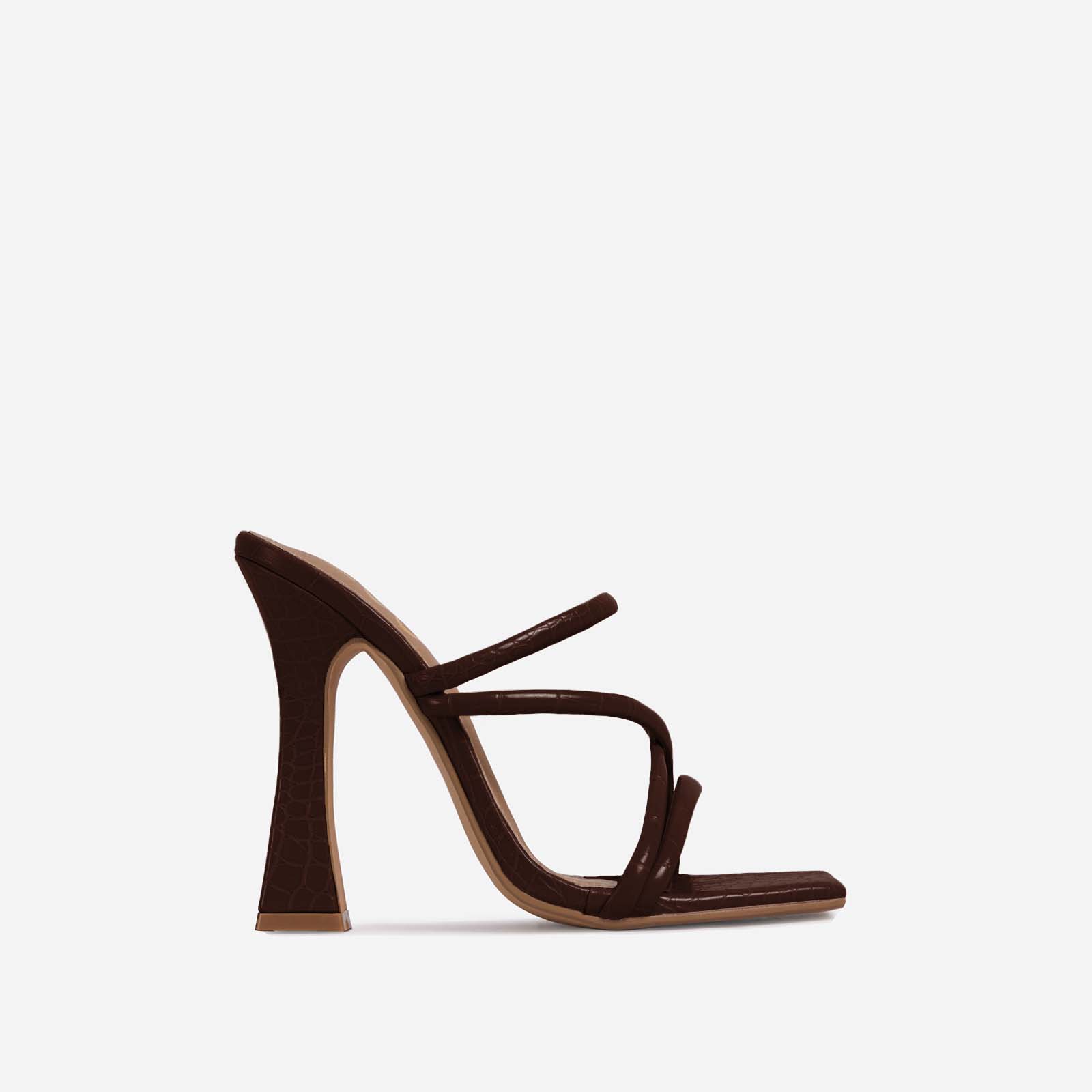 Wonder Strappy Detail Square Toe Flared Block Heel Mule In Dark Brown Croc Print Faux Leather, Brown (EGO SHOES)