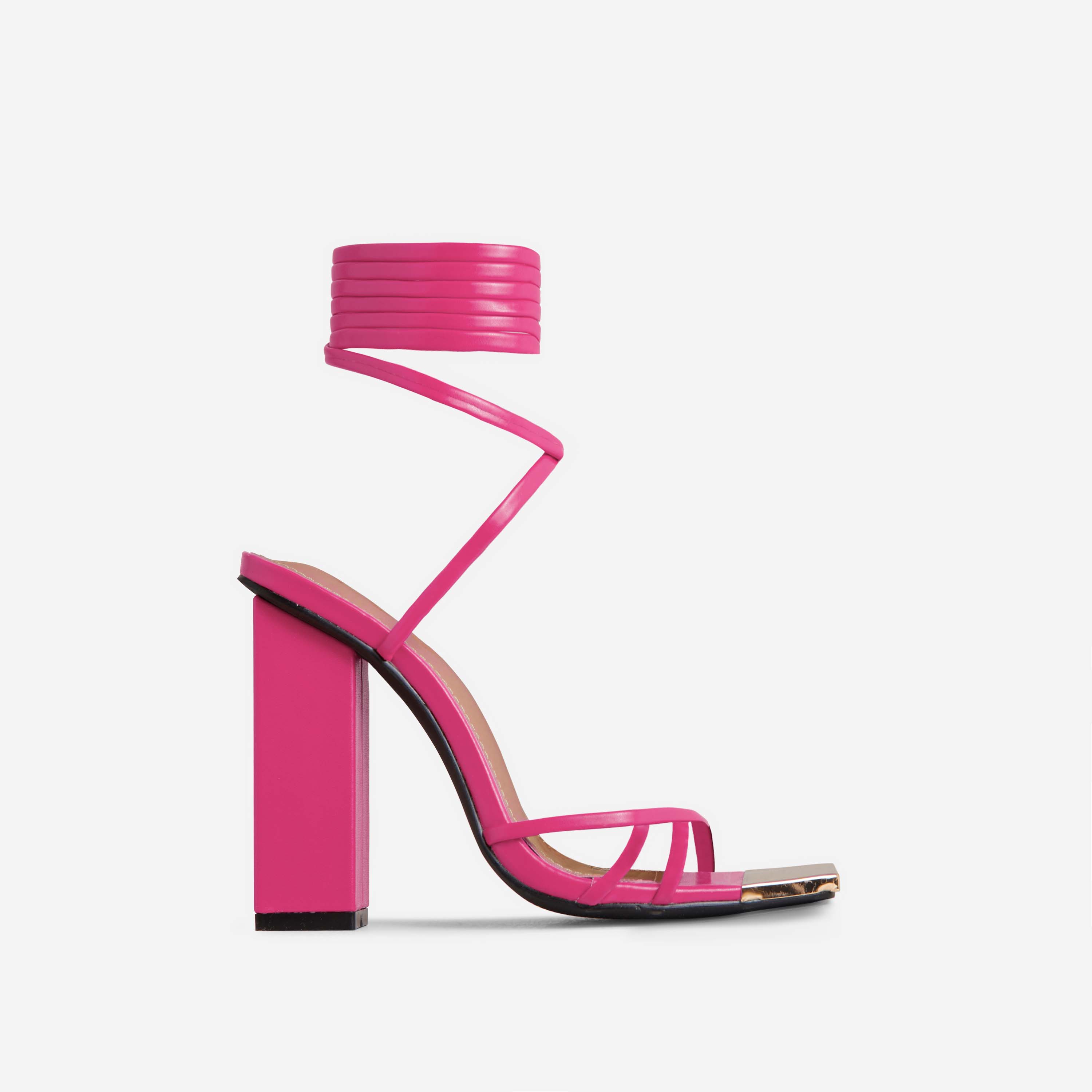 Serious Lace Up Cross Strap Metallic Square Toe Block Heel In Pink Faux Leather, Pink (EGO SHOES)