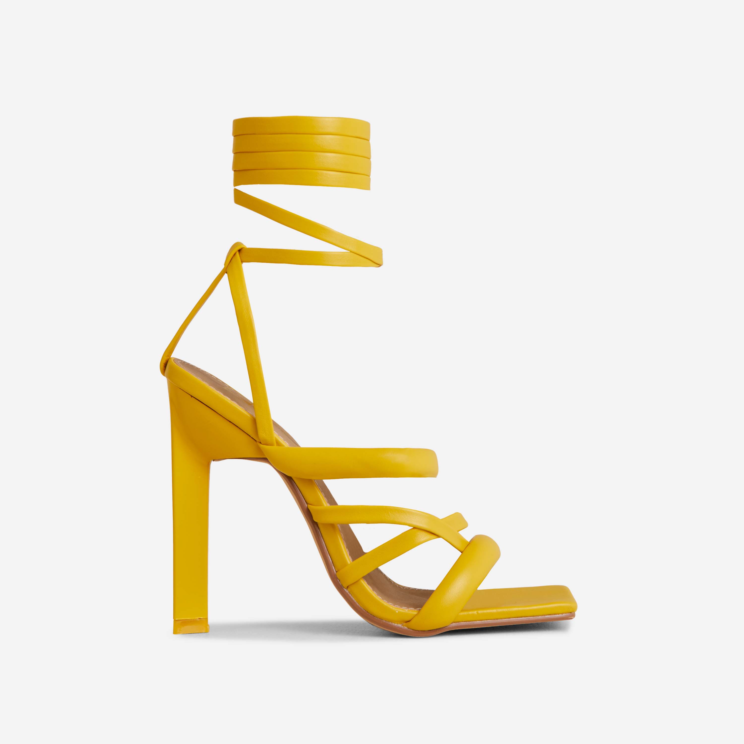 Priscilla Lace Up Padded Strap Square Toe Thin Block Heel In Yellow Faux Leather, Green (EGO SHOES)