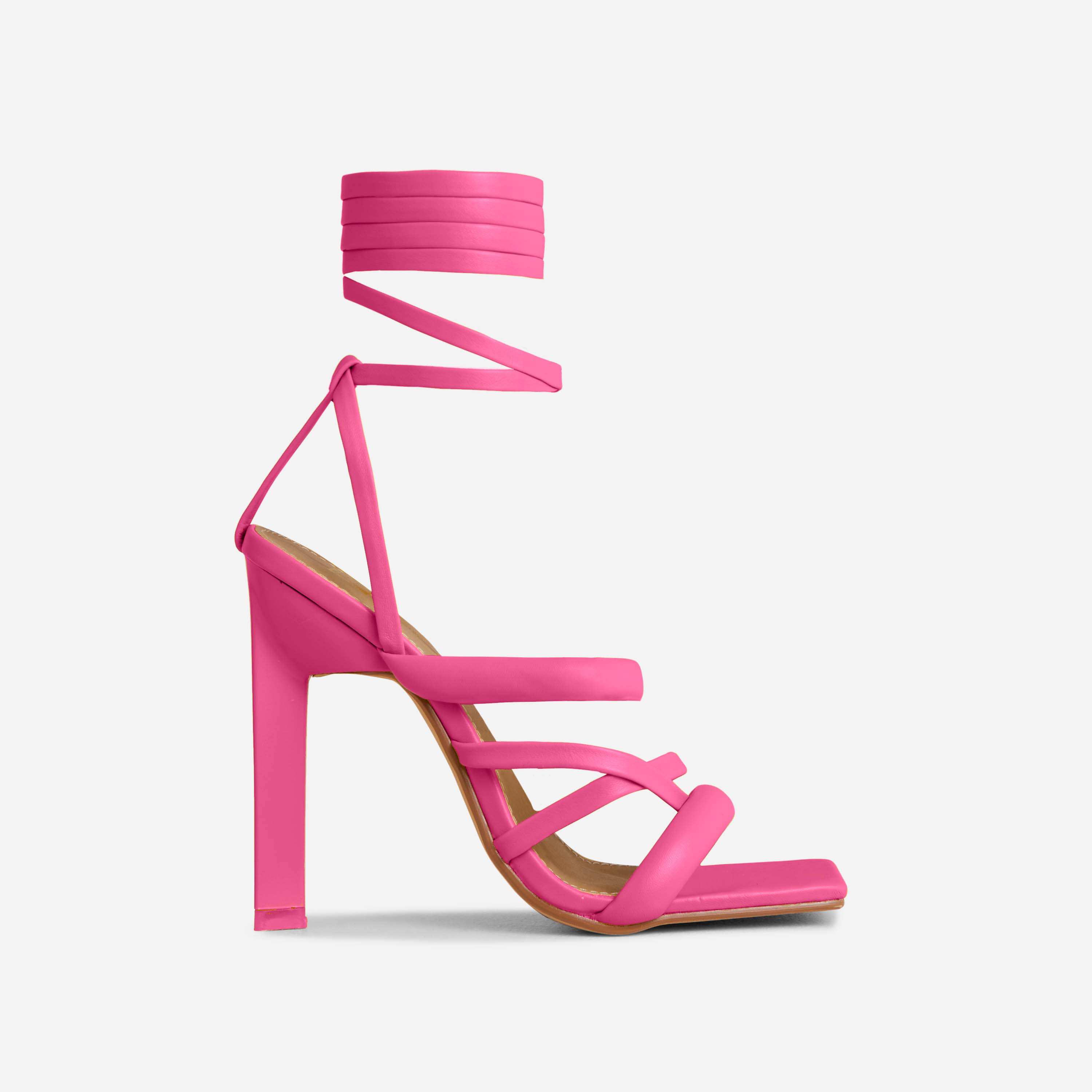 Priscilla Lace Up Padded Strap Square Toe Thin Block Heel In Pink Faux Leather, Pink (EGO SHOES)