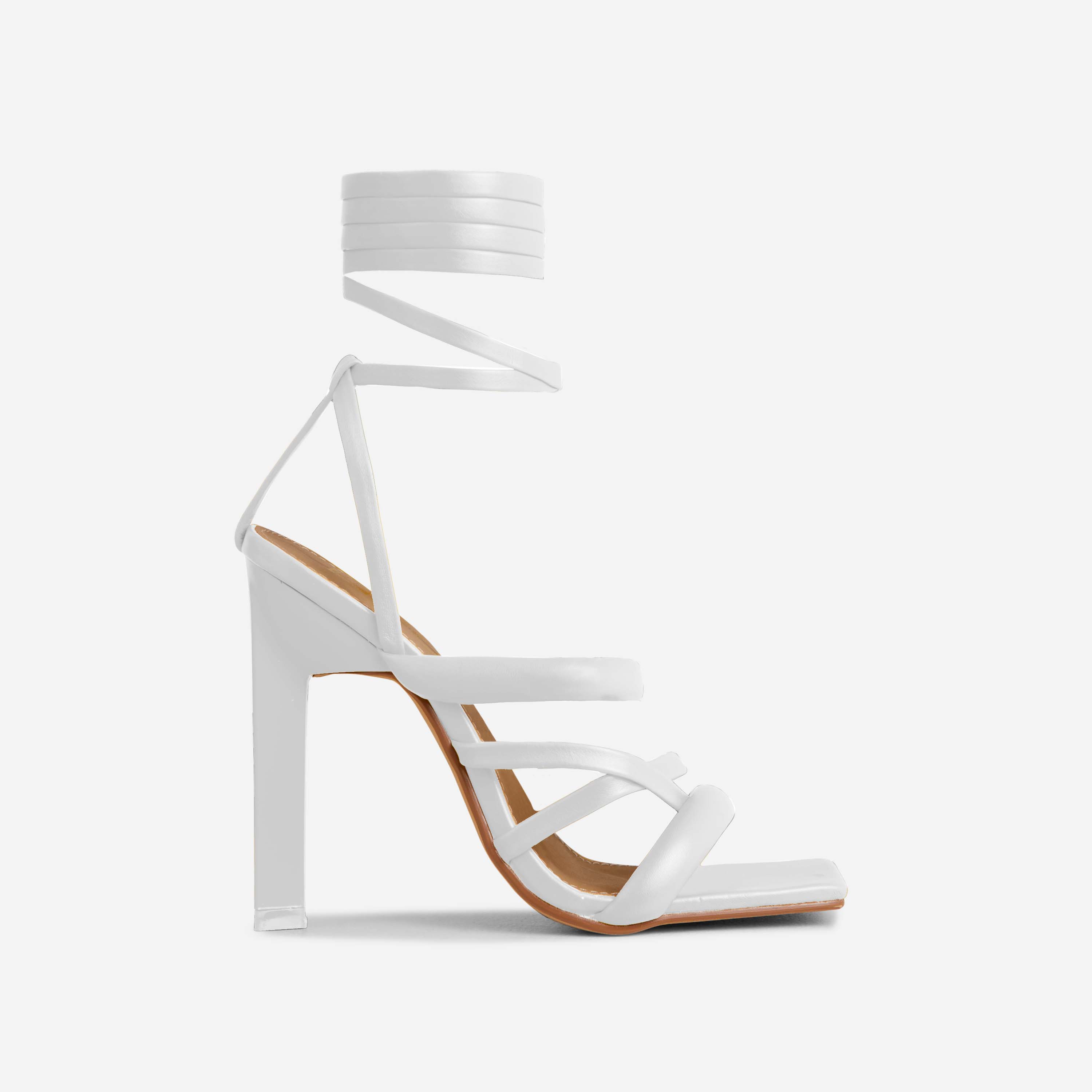 Priscilla Lace Up Padded Strap Square Toe Thin Block Heel In White Faux Leather, White (EGO SHOES)