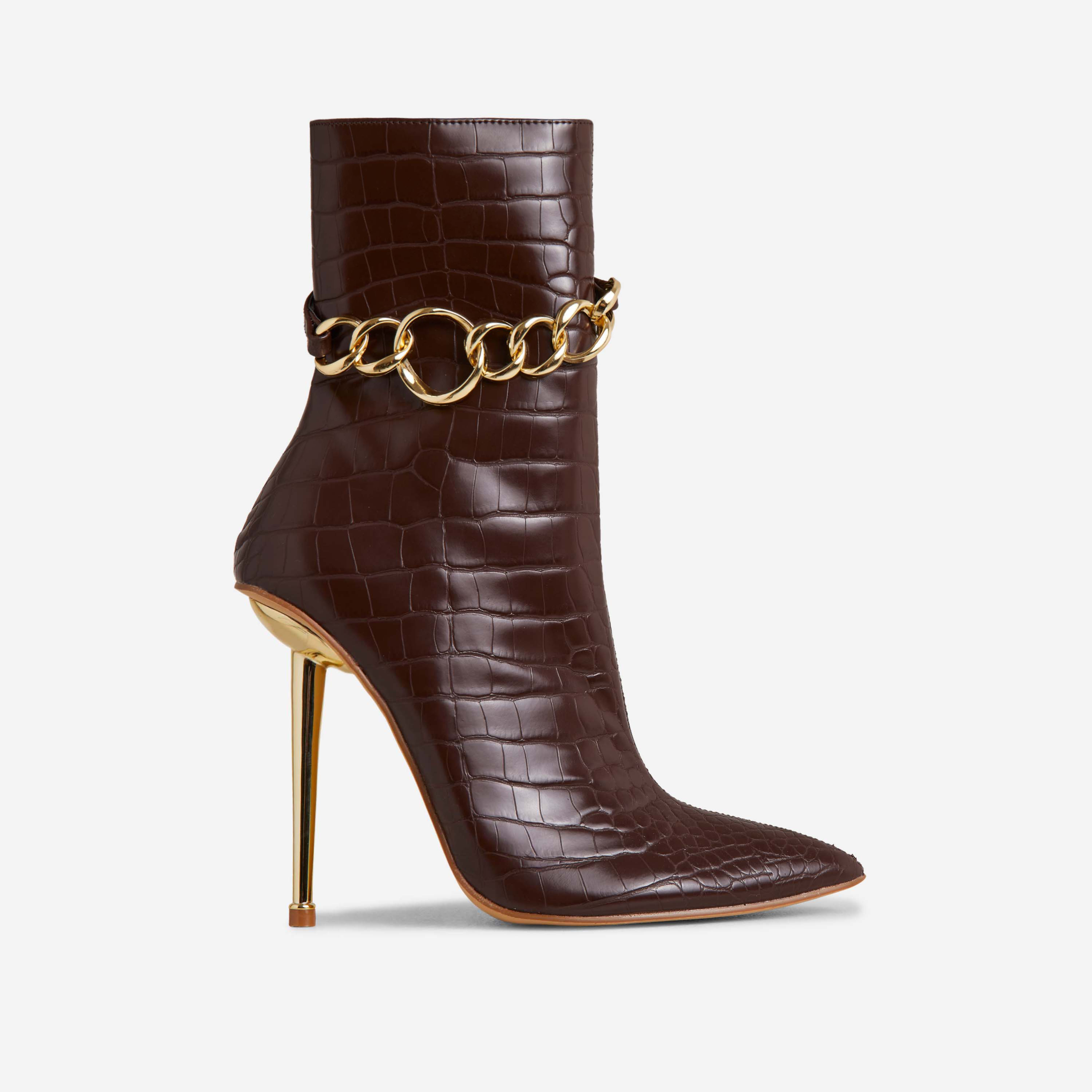 Stef Chain Detail Pointed Toe Metallic Heel Ankle Boot In Dark Brown Croc Print Faux Leather, Brown (EGO SHOES)