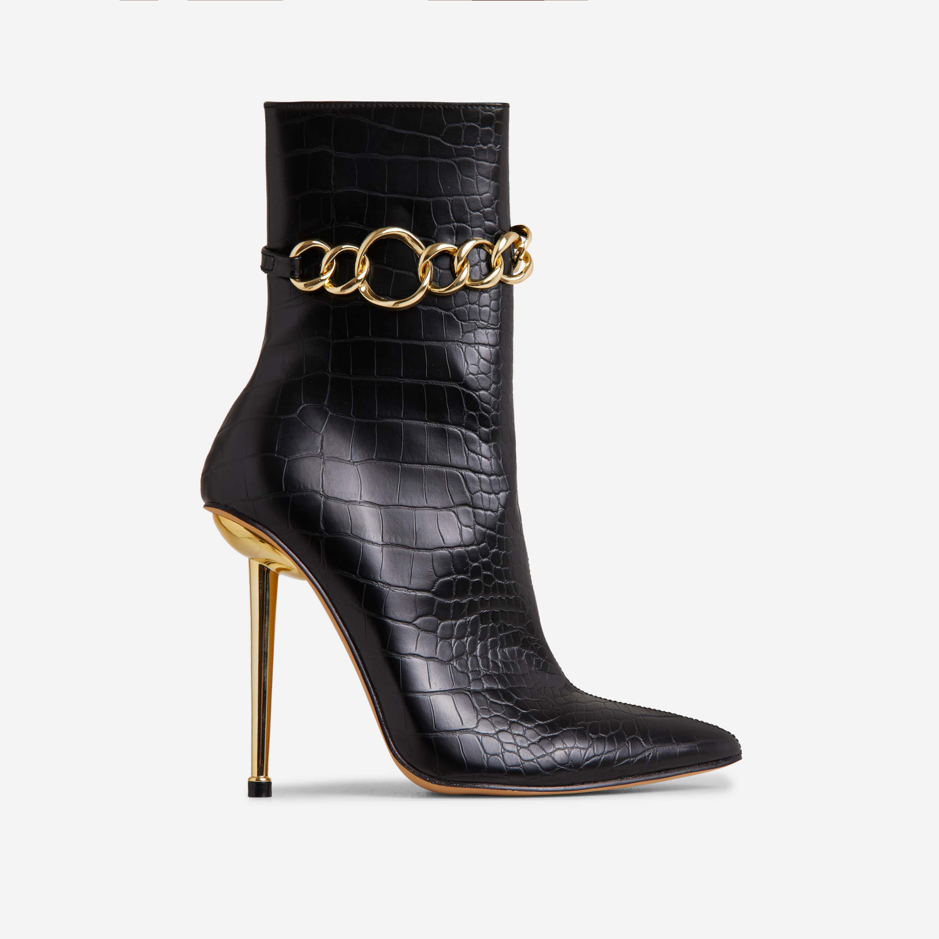 Stef Chain Detail Pointed Toe Metallic Heel Ankle Boot In Black Croc Print Faux Leather, Black (EGO SHOES)