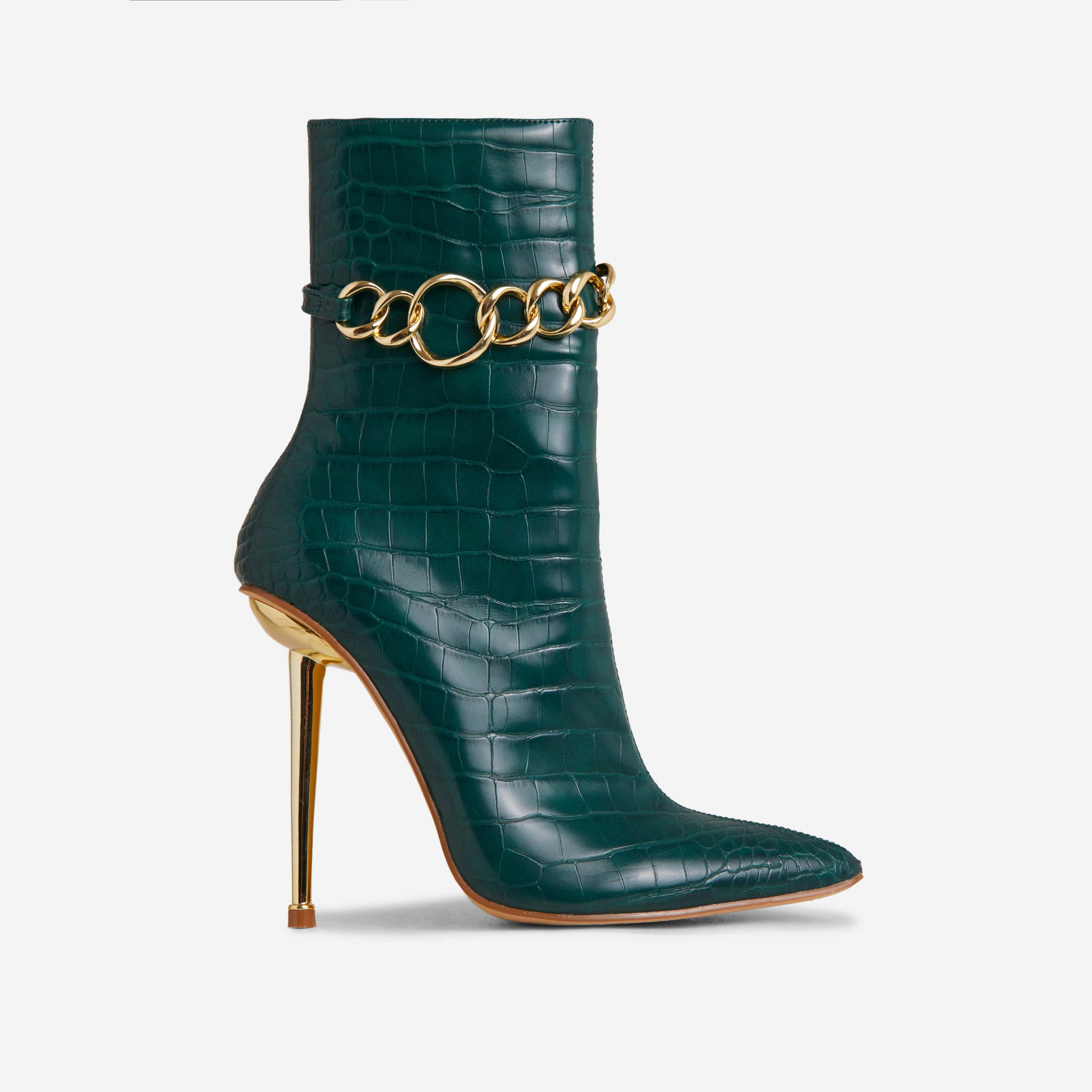 Stef Chain Detail Pointed Toe Metallic Heel Ankle Boot In Dark Green Croc Print Faux Leather, Green (EGO SHOES)