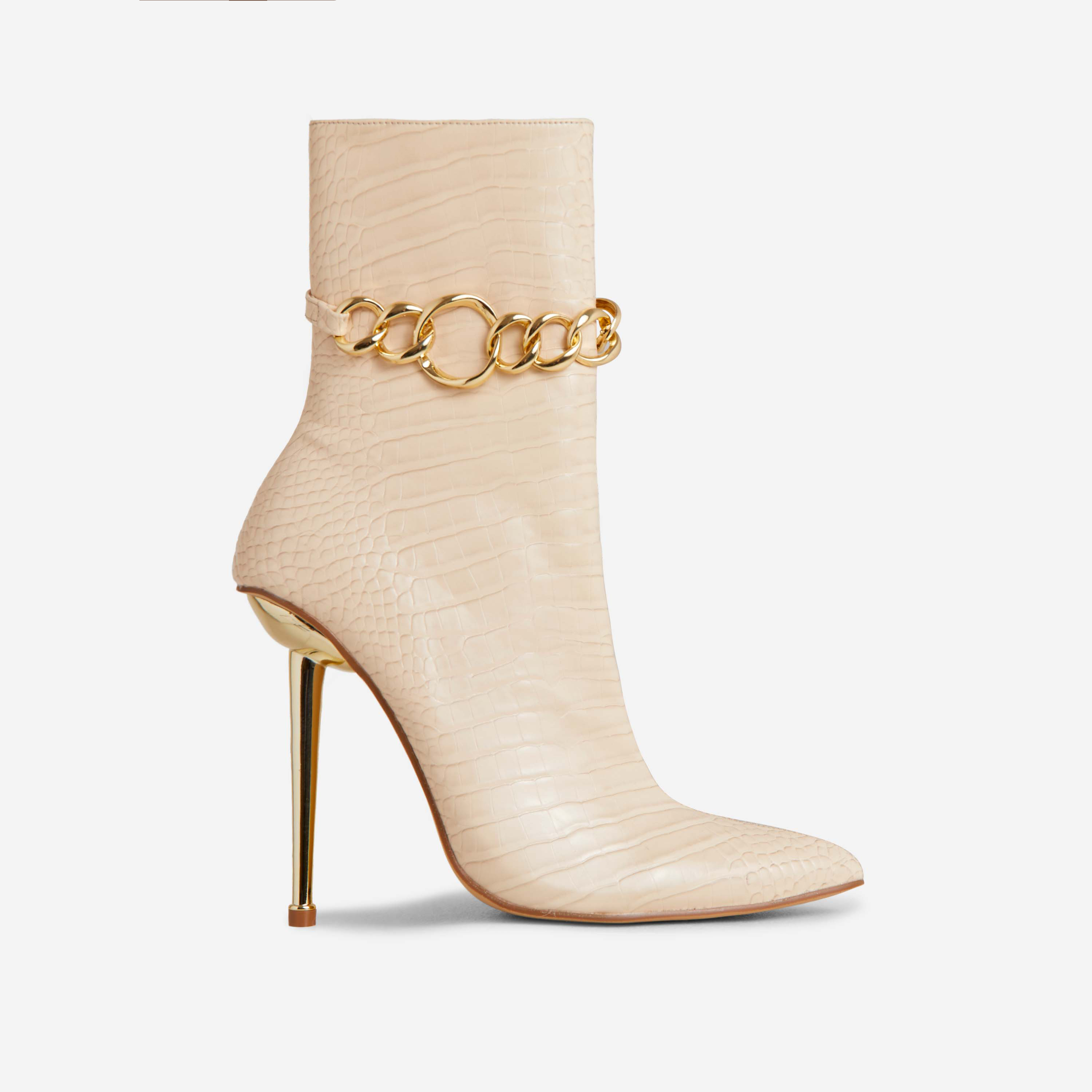 Stef Chain Detail Pointed Toe Metallic Heel Ankle Boot In Cream Nude Croc Print Faux Leather, Nude (EGO SHOES)