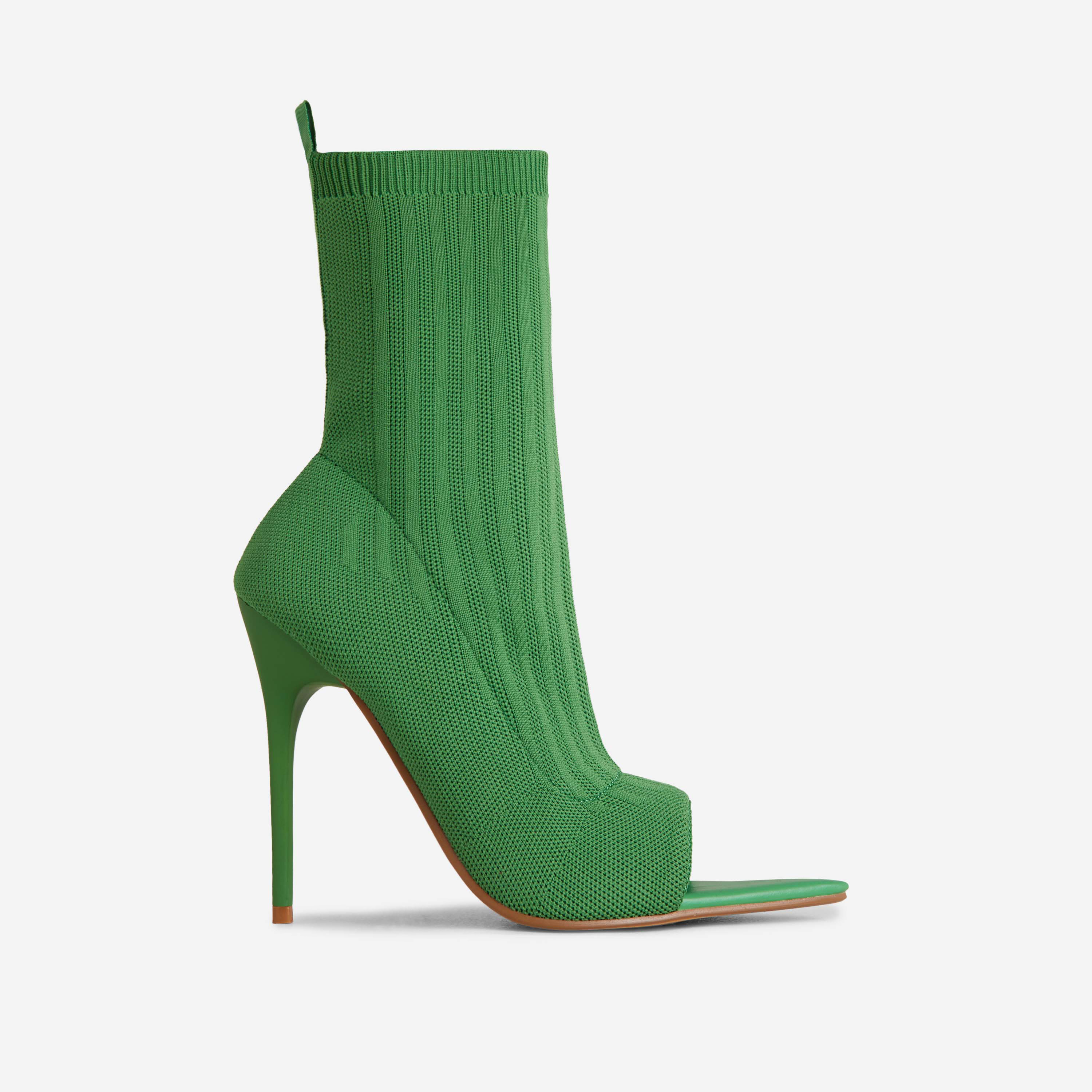 Lenya Pointed Peep Toe Heel Ankle Sock Boot In Green Knit, Green (EGO SHOES)