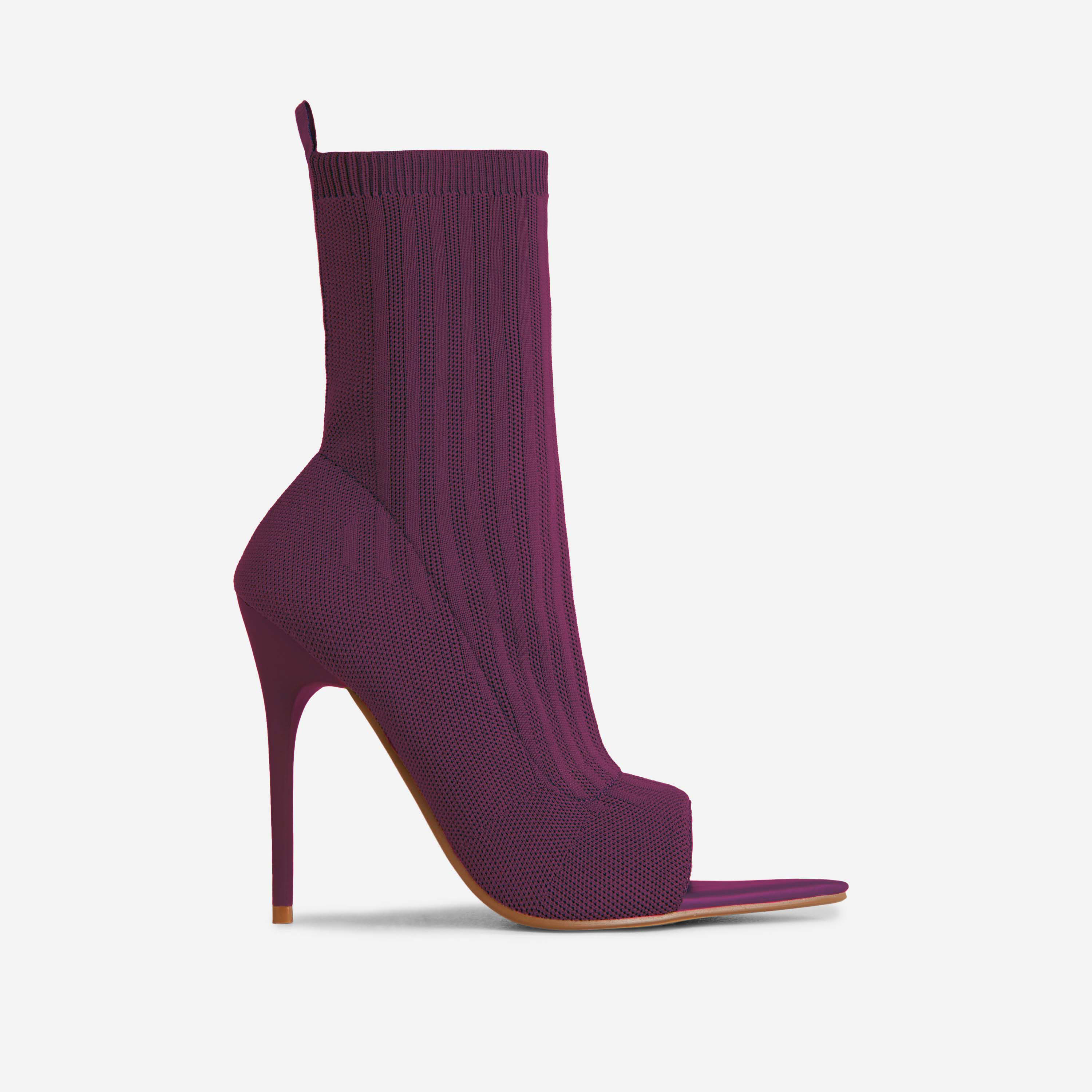 Lenya Pointed Peep Toe Heel Ankle Sock Boot In Purple Knit, Purple (EGO SHOES)