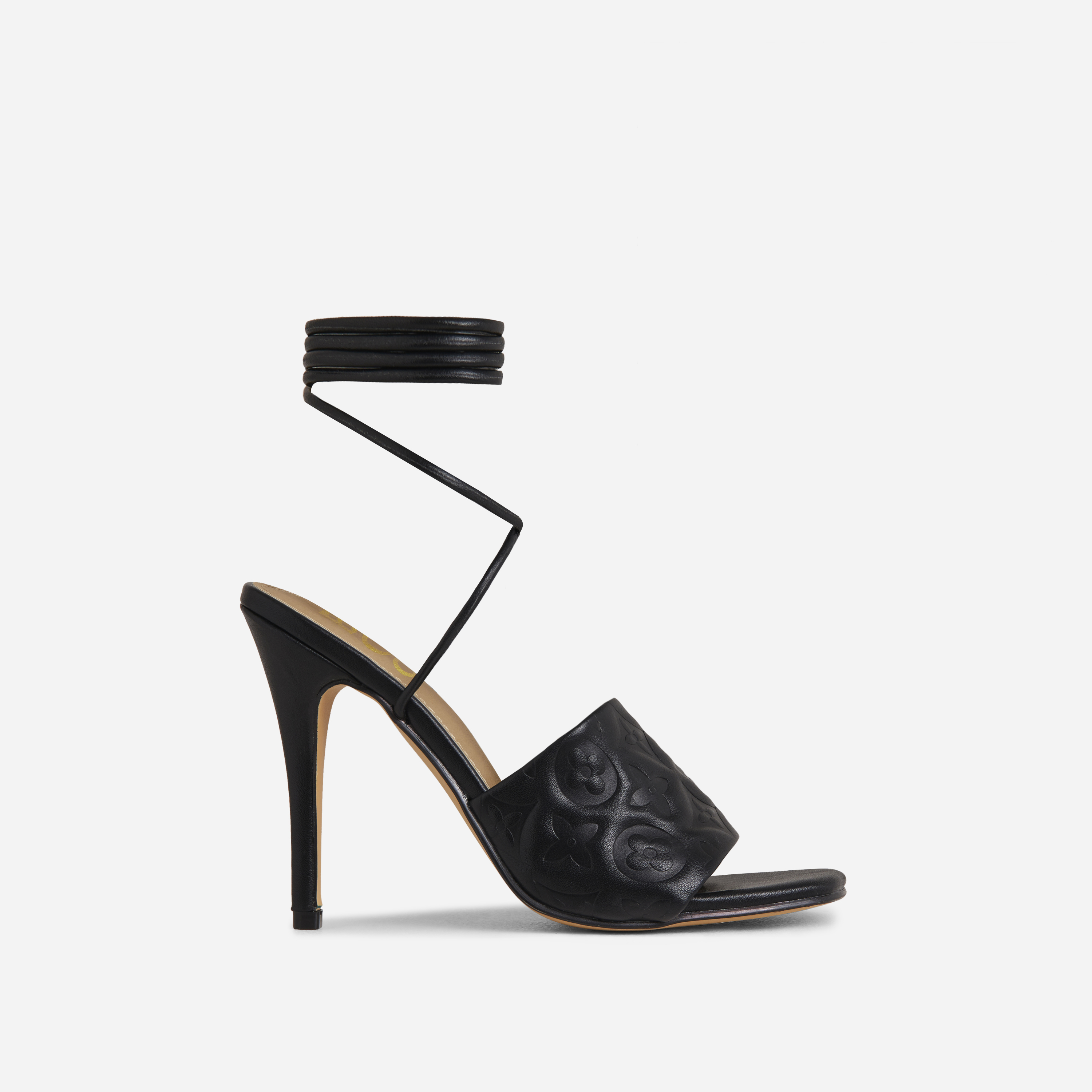 Avignon Lace Up Printed Detail Strap Square Toe Heel In Black Faux Leather, Black (EGO SHOES)