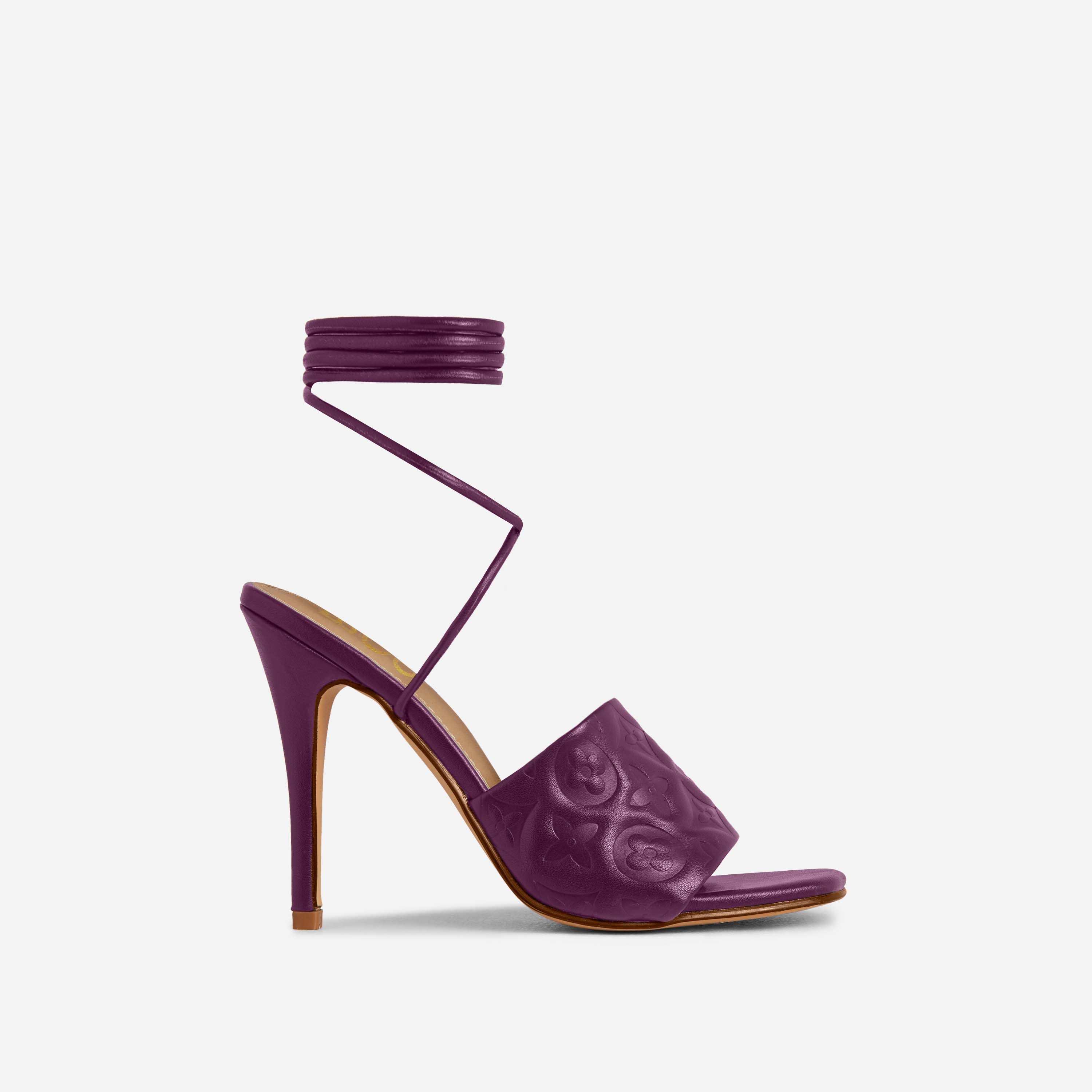 Avignon Lace Up Printed Detail Strap Square Toe Heel In Purple Faux Leather, Purple (EGO SHOES)