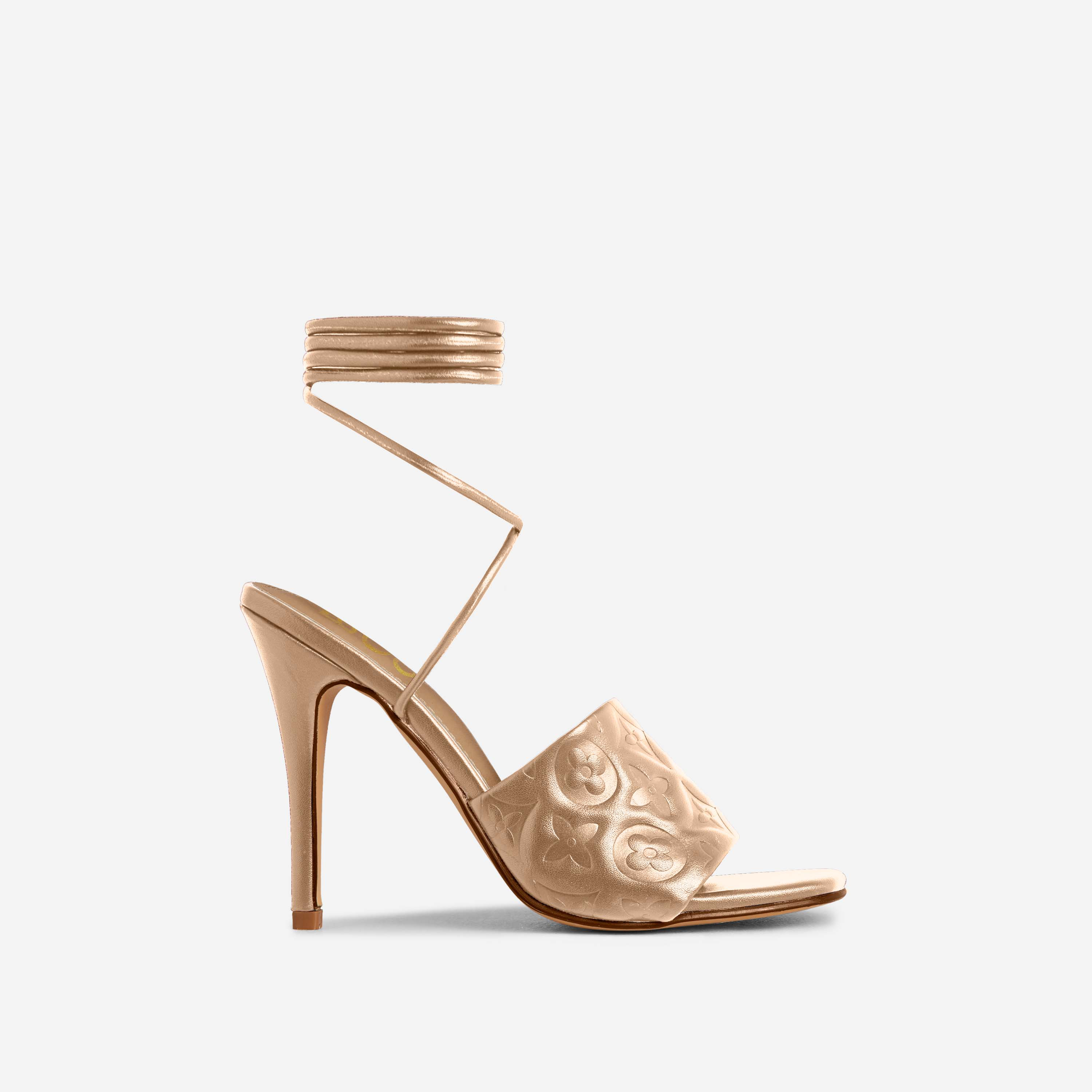 Avignon Lace Up Printed Detail Strap Square Toe Heel In Gold Faux Leather, Gold (EGO SHOES)