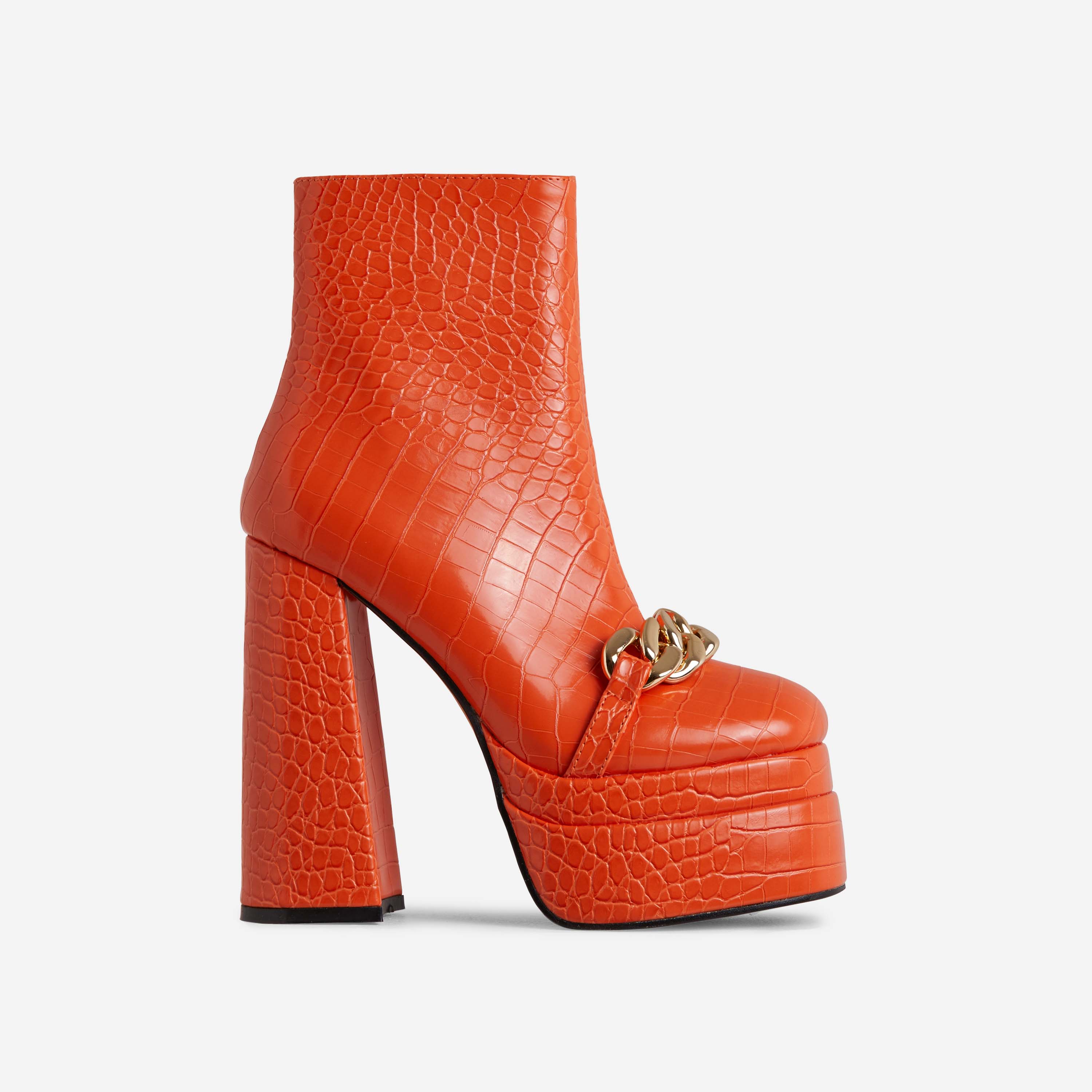 Roxy Chain Detail Statement Platform Block Heel Ankle Boot In Orange Croc Print Patent, Orange (EGO SHOES)