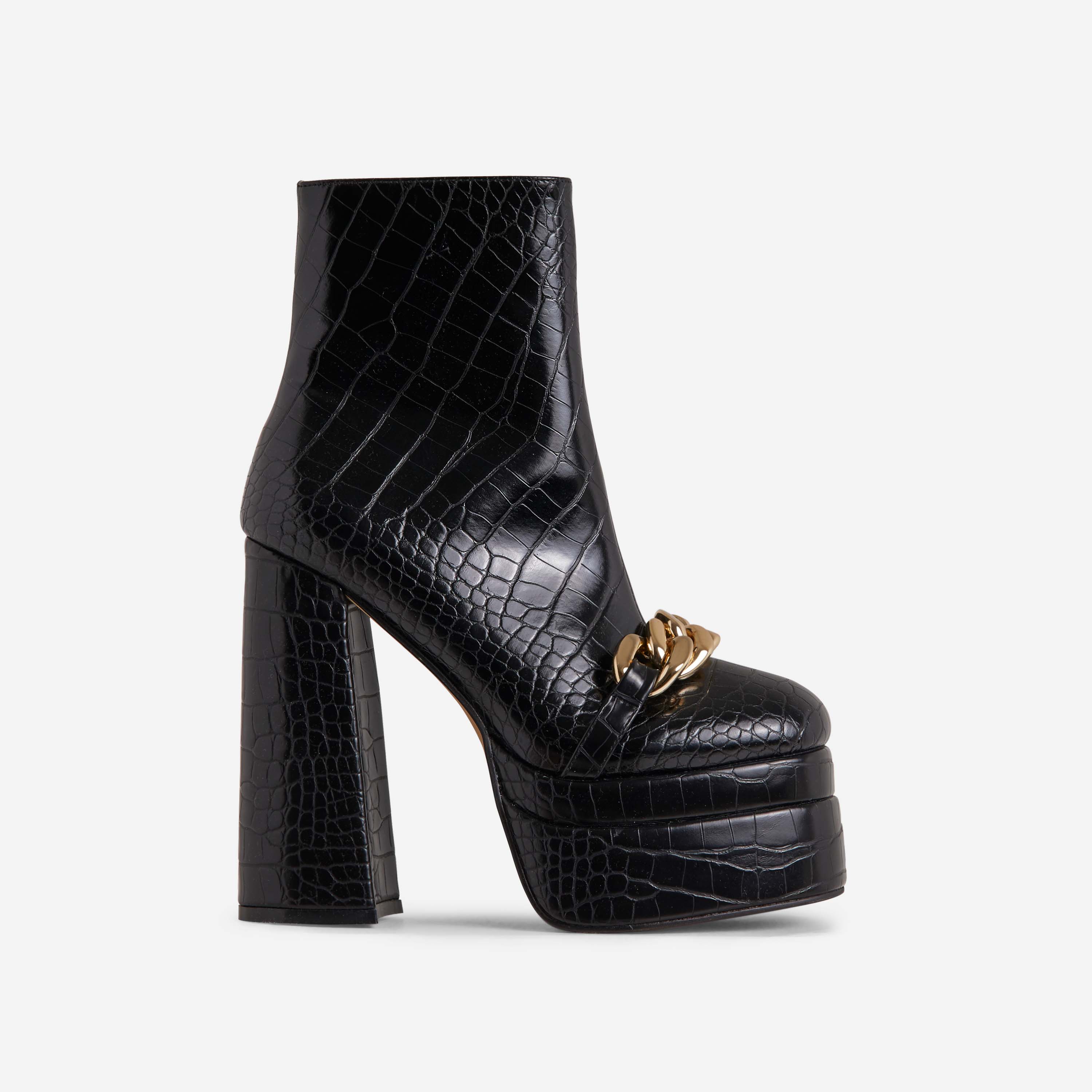 Roxy Chain Detail Statement Platform Block Heel Ankle Boot In Black Croc Print Patent, Black (EGO SHOES)