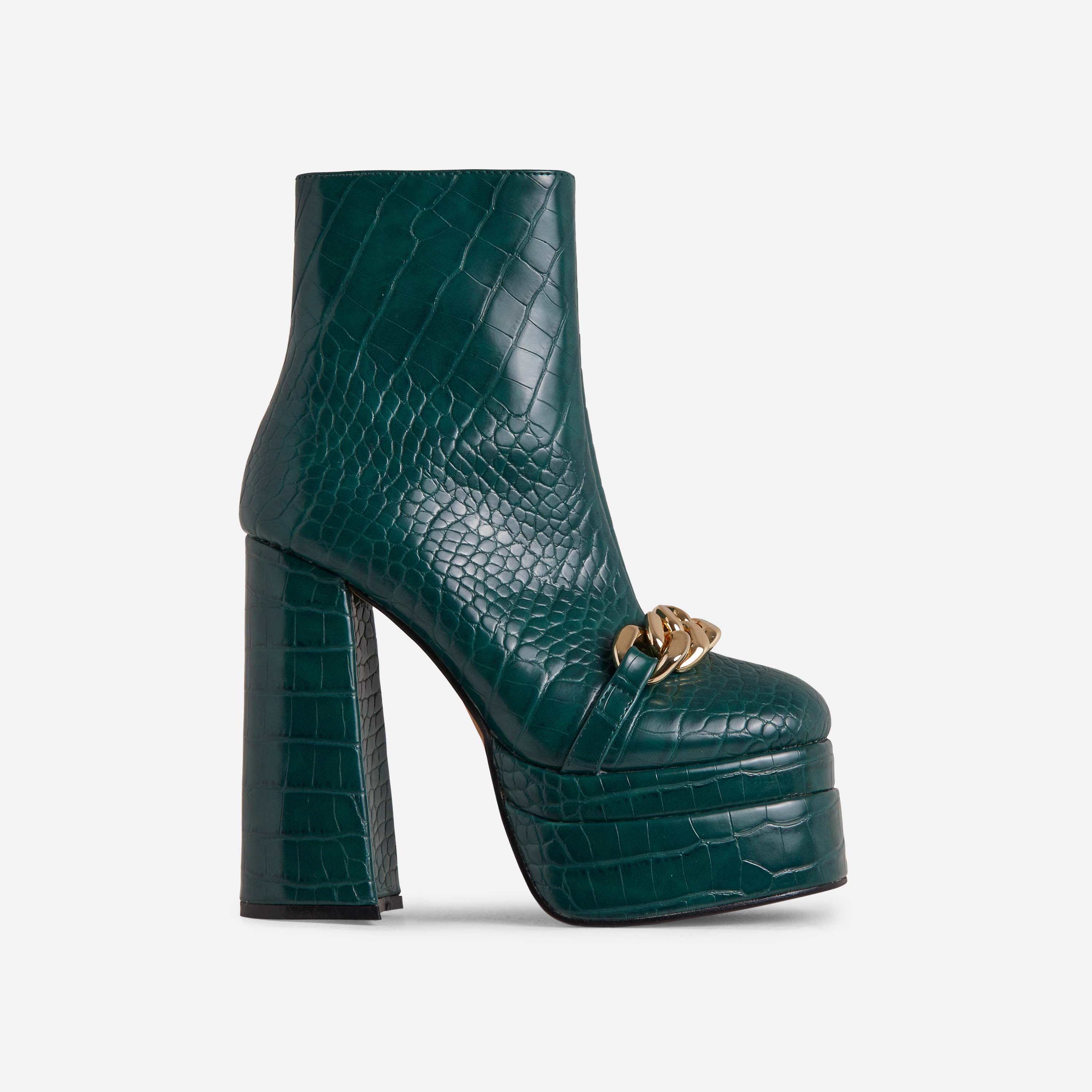 Roxy Chain Detail Statement Platform Block Heel Ankle Boot In Dark Green Croc Print Patent, Green (EGO SHOES)