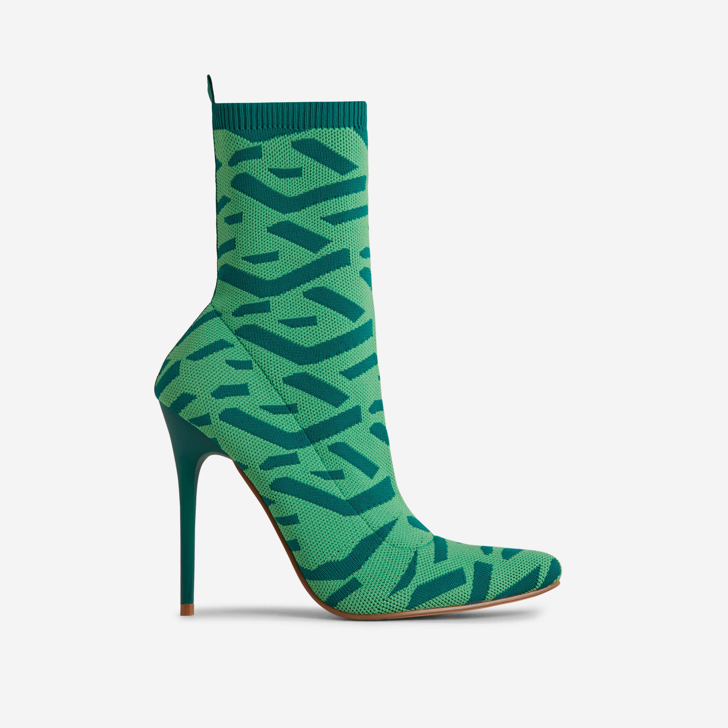 Ricochet Pointed Toe Ankle Sock Boot In Green Printed Knit, Green (EGO SHOES)