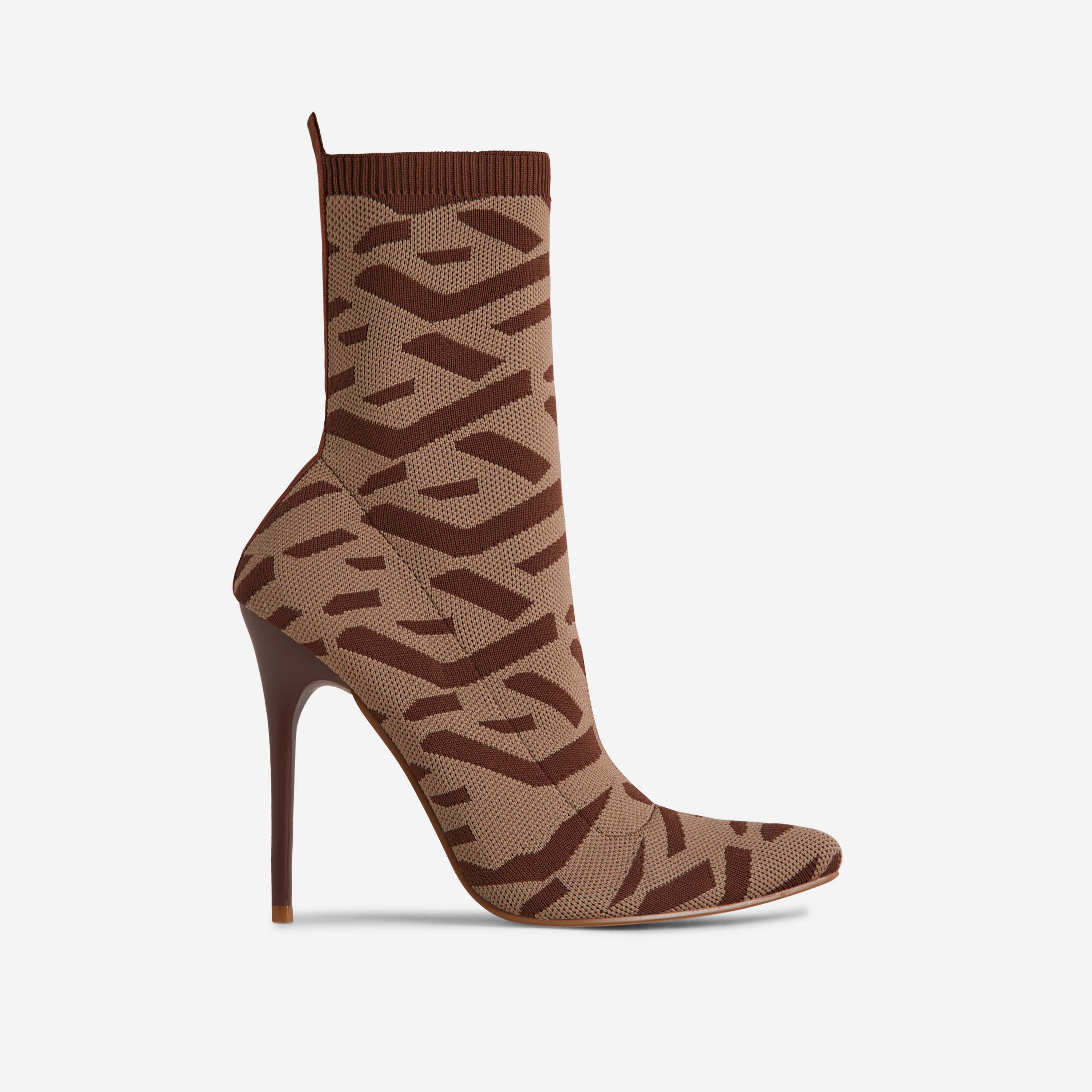 Ricochet Pointed Toe Ankle Sock Boot In Brown Printed Knit, Nude (EGO SHOES)