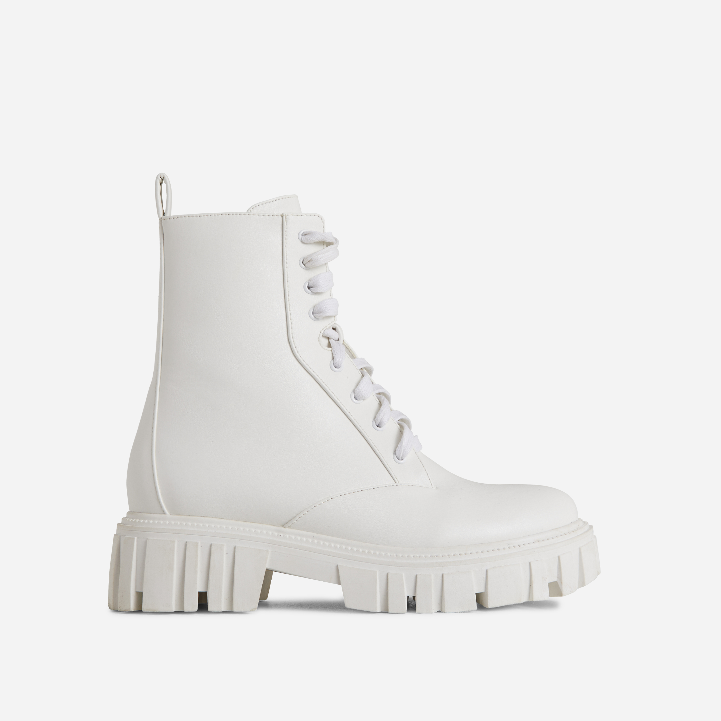 Natasha Chunky Cleated Sole Lace Up Ankle Biker Boot In White Faux Leather, White (EGO SHOES)