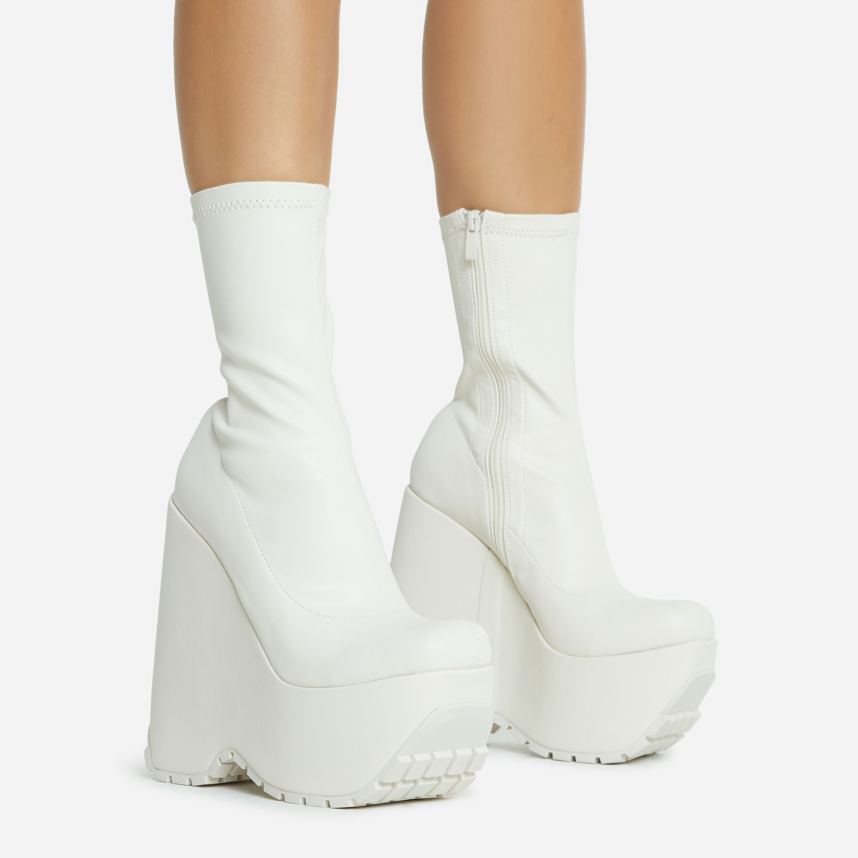 Hellsing Square Toe Chunky Platform Wedge Ankle Sock Boot In Cream