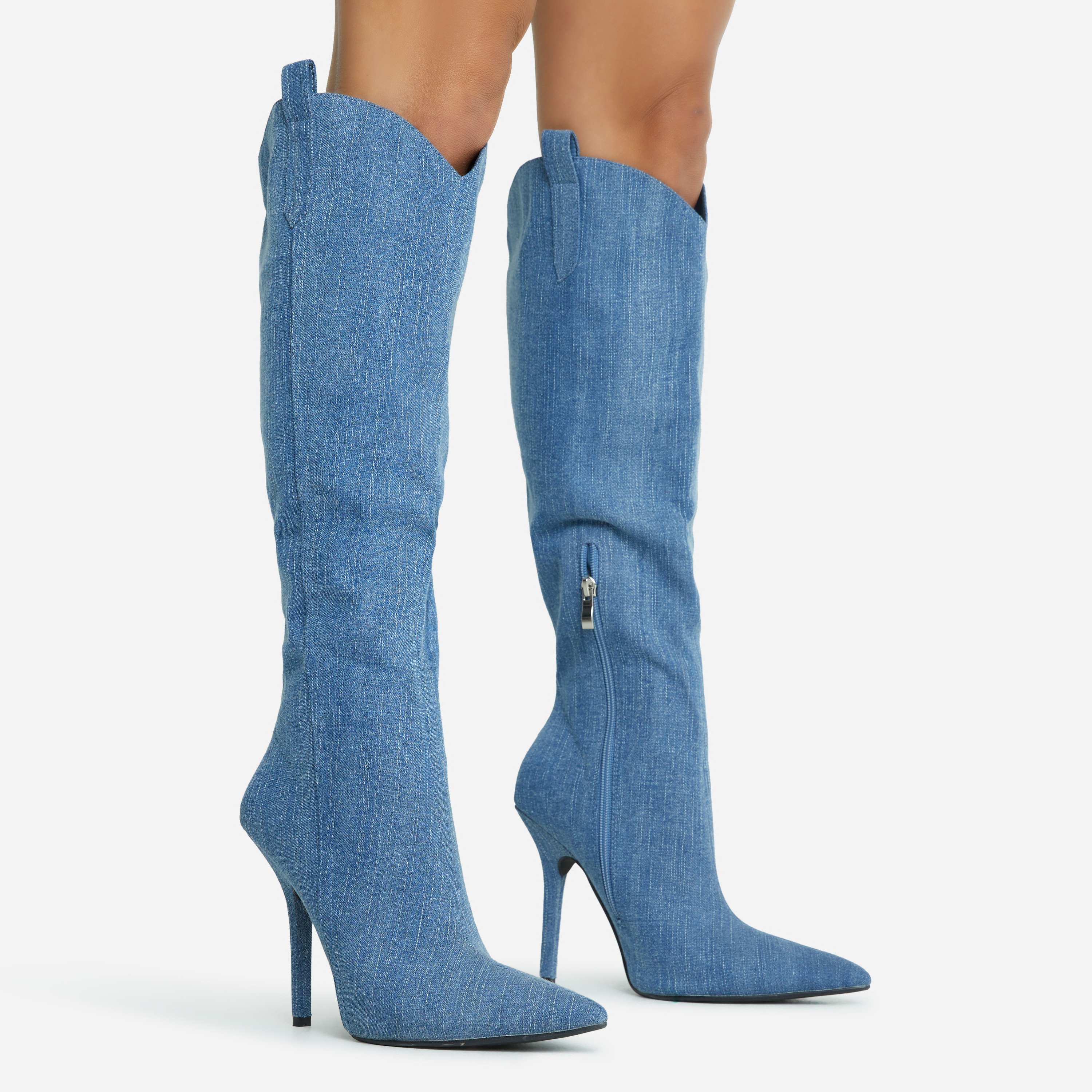 Women's Blue Denim Pointed Toe Thin High Heel Mid-calf Boots