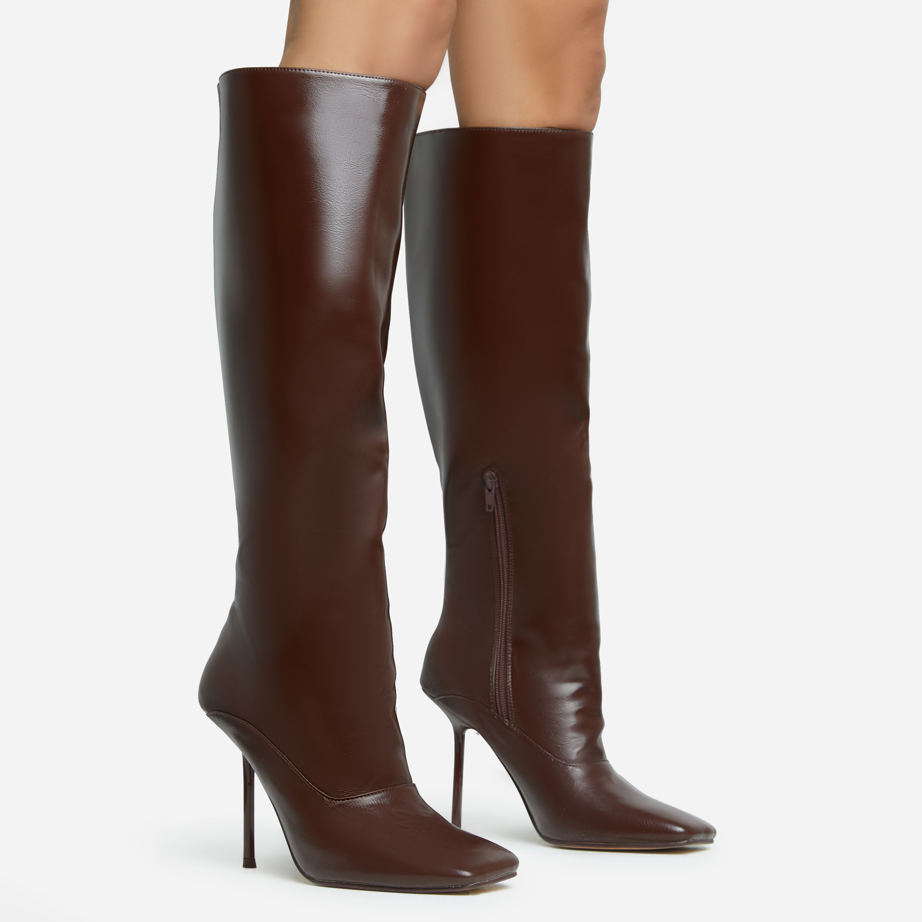 Lavia Square Toe Stiletto Heel Knee High Long Boot In Dark Brown 