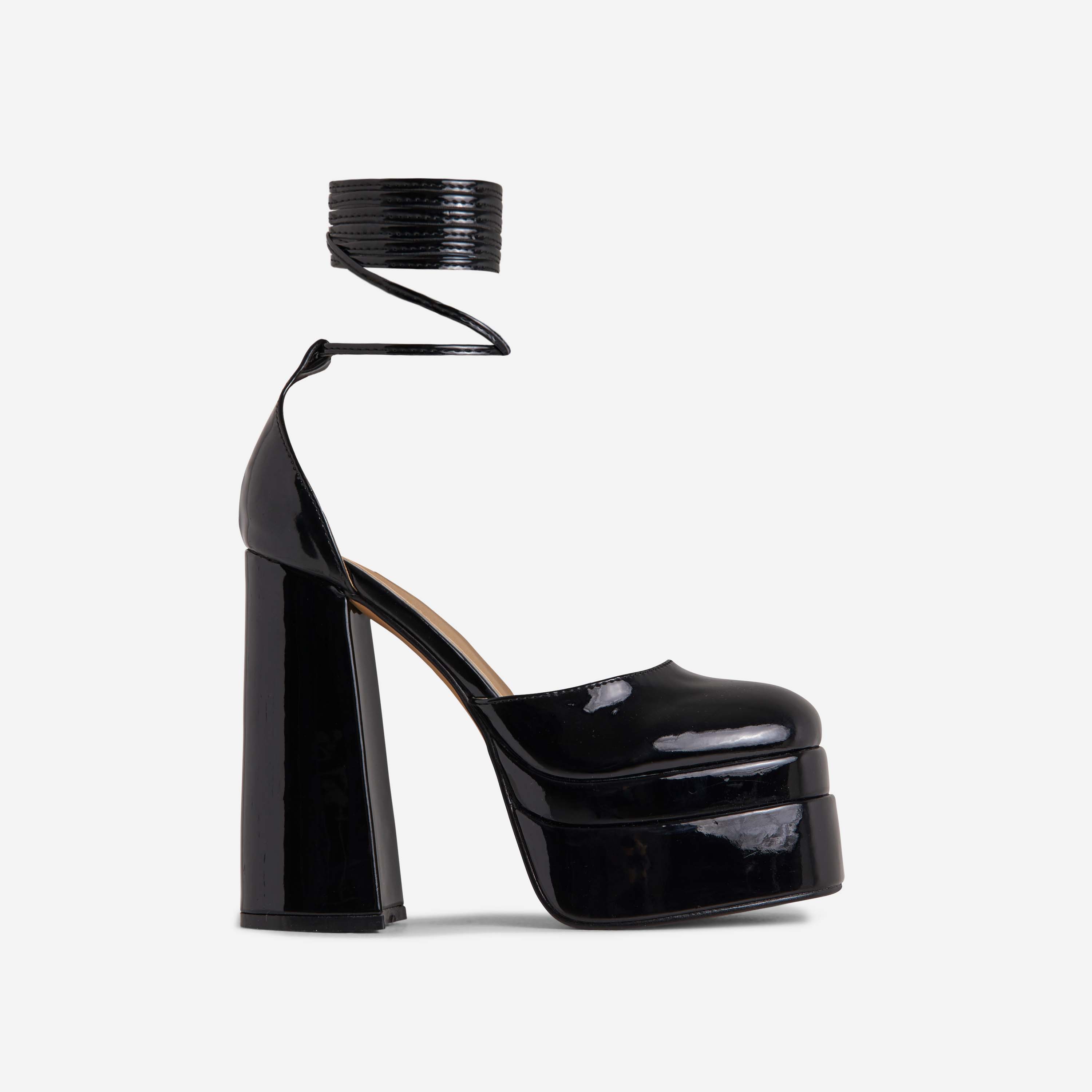 Nola Lace Up Square Closed Toe Statement Platform Block Heel In Black Patent, Black (EGO SHOES)