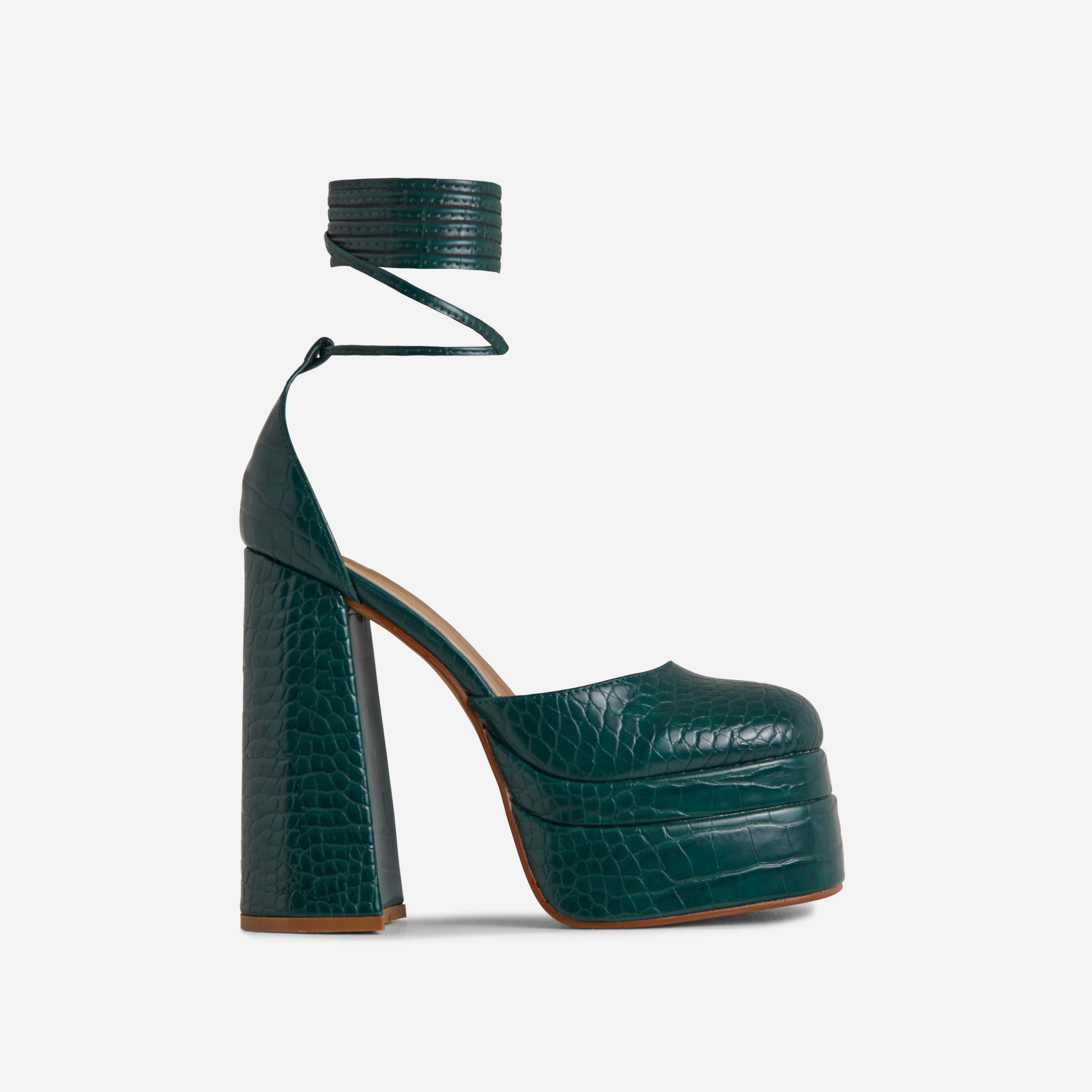 Nola Lace Up Square Closed Toe Statement Platform Block Heel In Dark Green Croc Print Patent, Green (EGO SHOES)