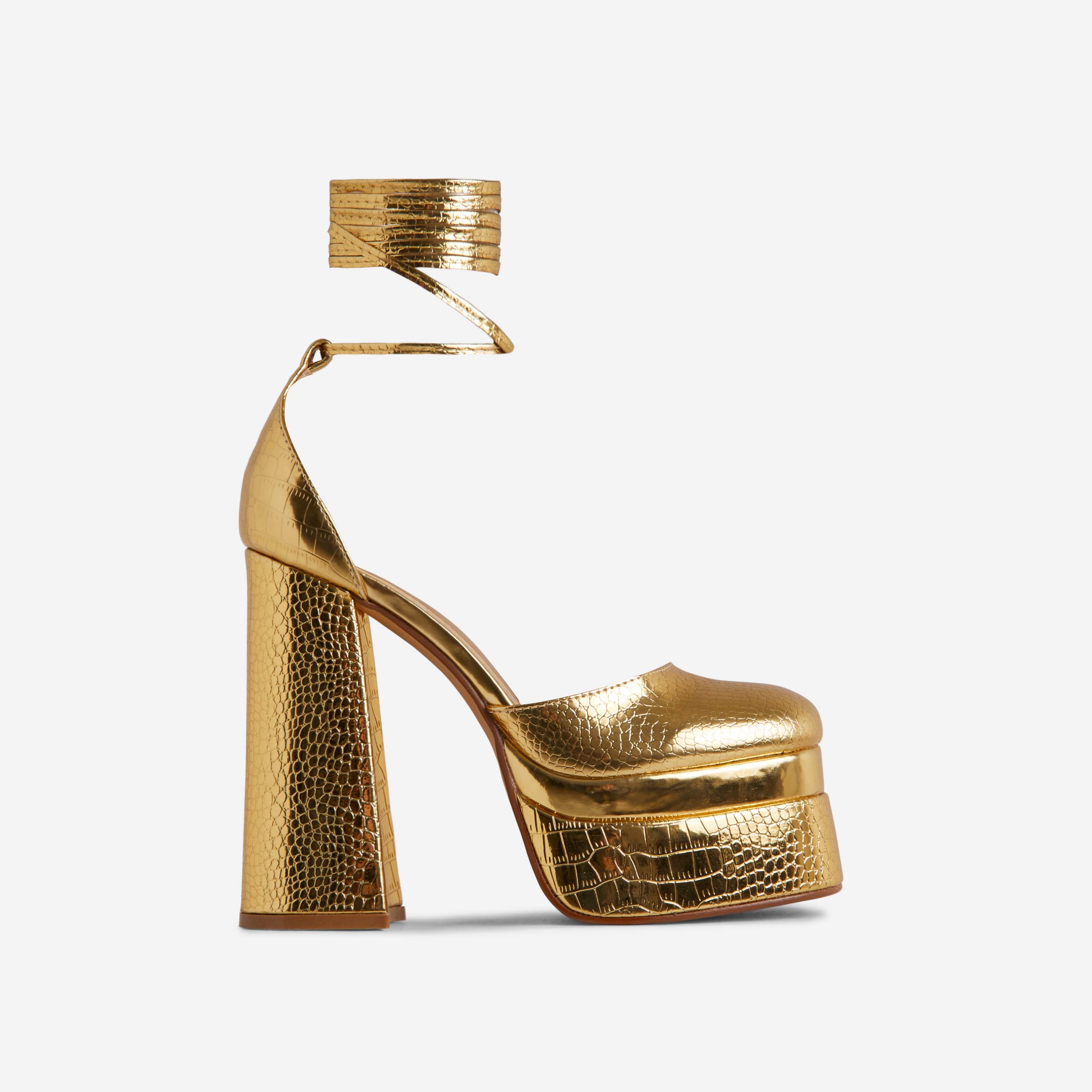 Nola Lace Up Square Closed Toe Statement Platform Block Heel In Gold Croc Print Patent, Gold (EGO SHOES)