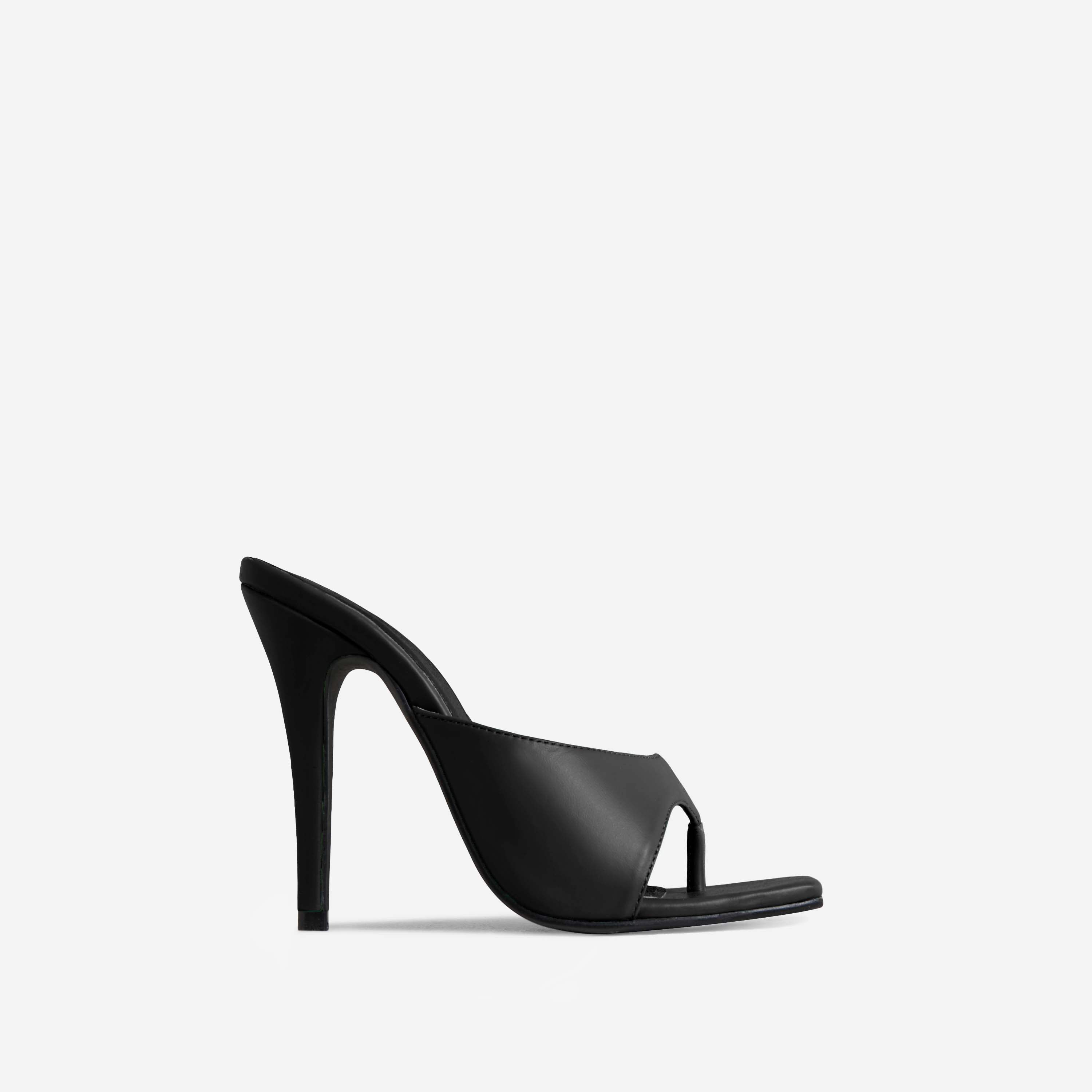 Emmett Wide Fit Thong Strap Square Toe Heel Mule In Black Faux Leather, Black (EGO SHOES)