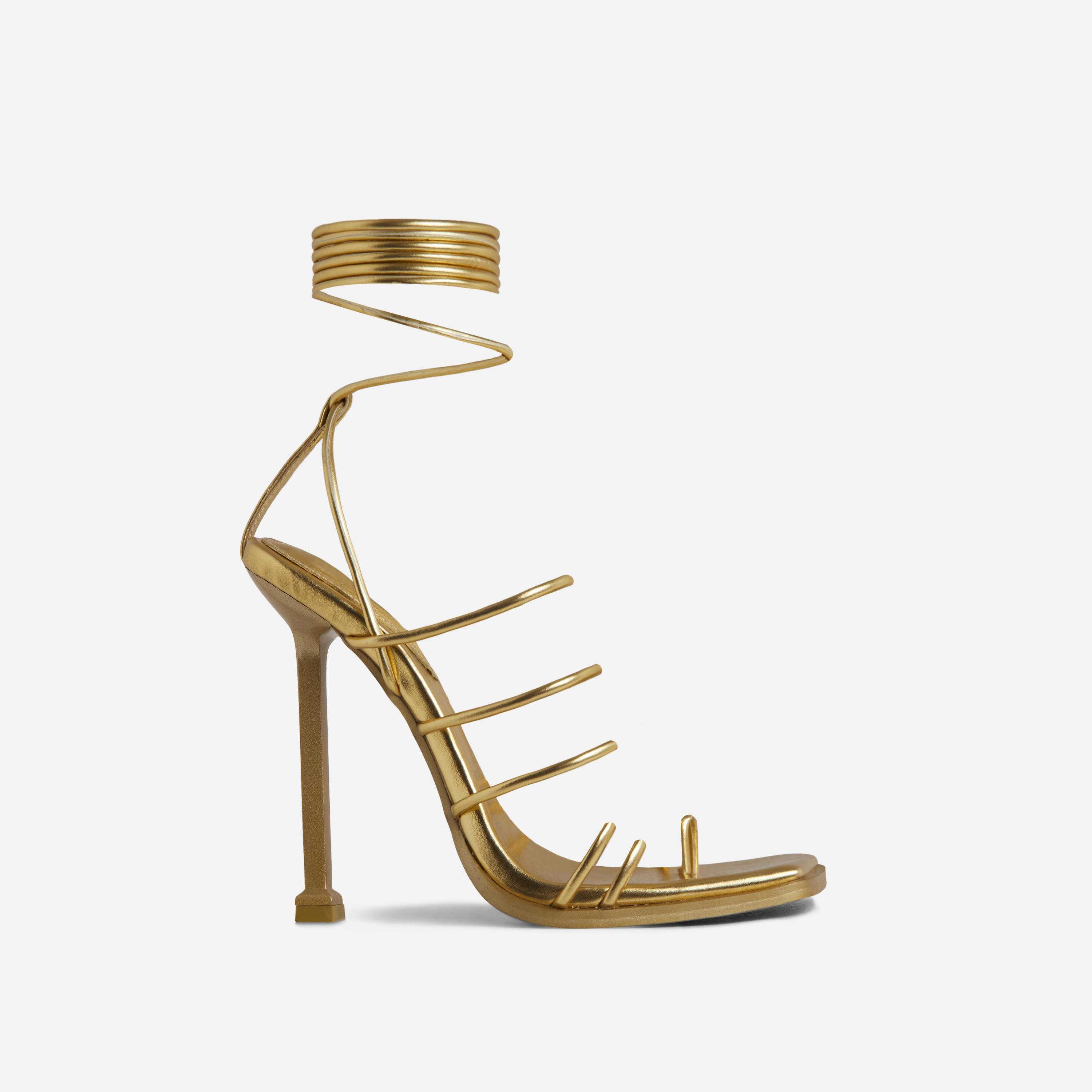 Remi Strappy Lace Up Square Toe Heel In Gold Faux Leather, Gold (EGO SHOES)