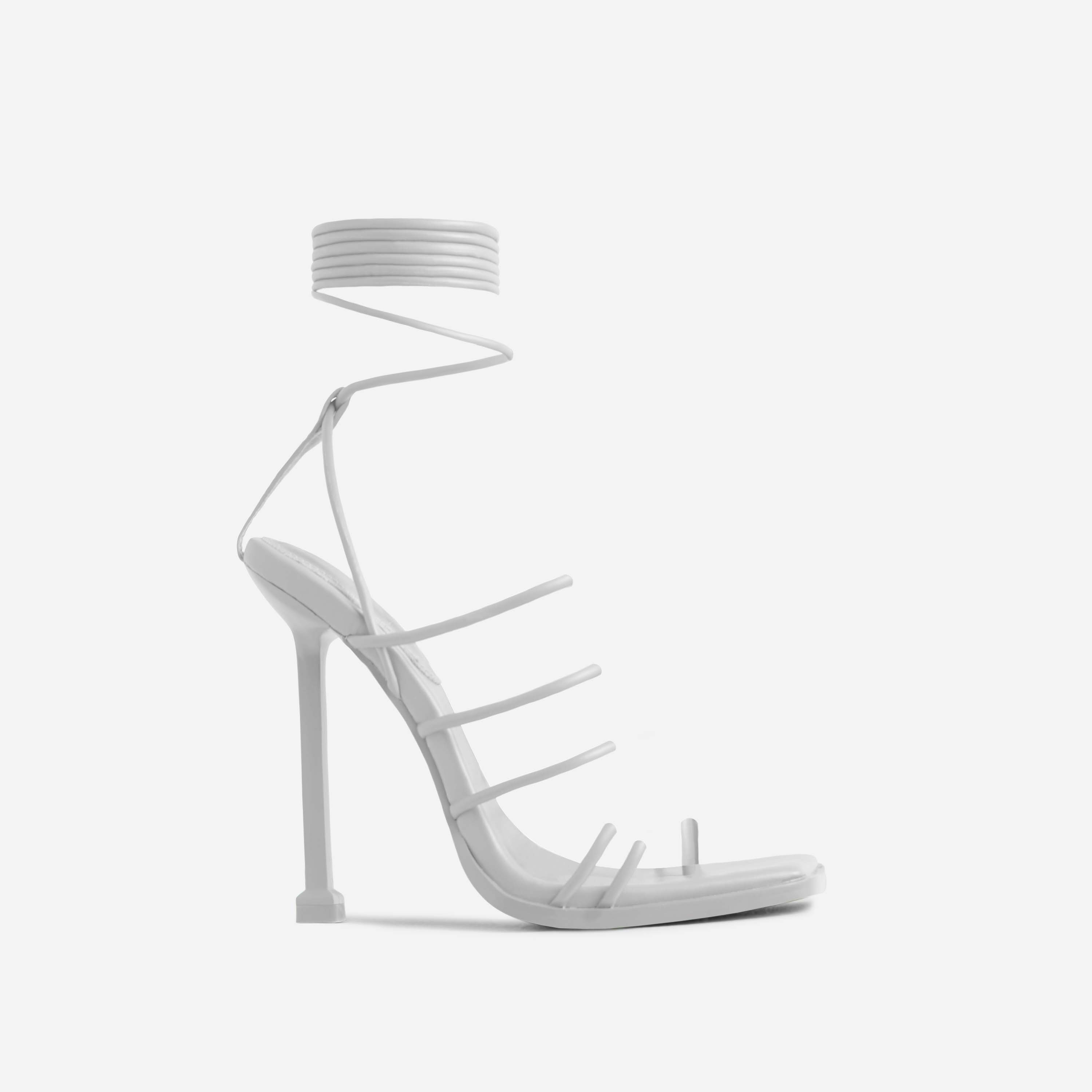 Remi Strappy Lace Up Square Toe Heel In White Faux Leather, White (EGO SHOES)