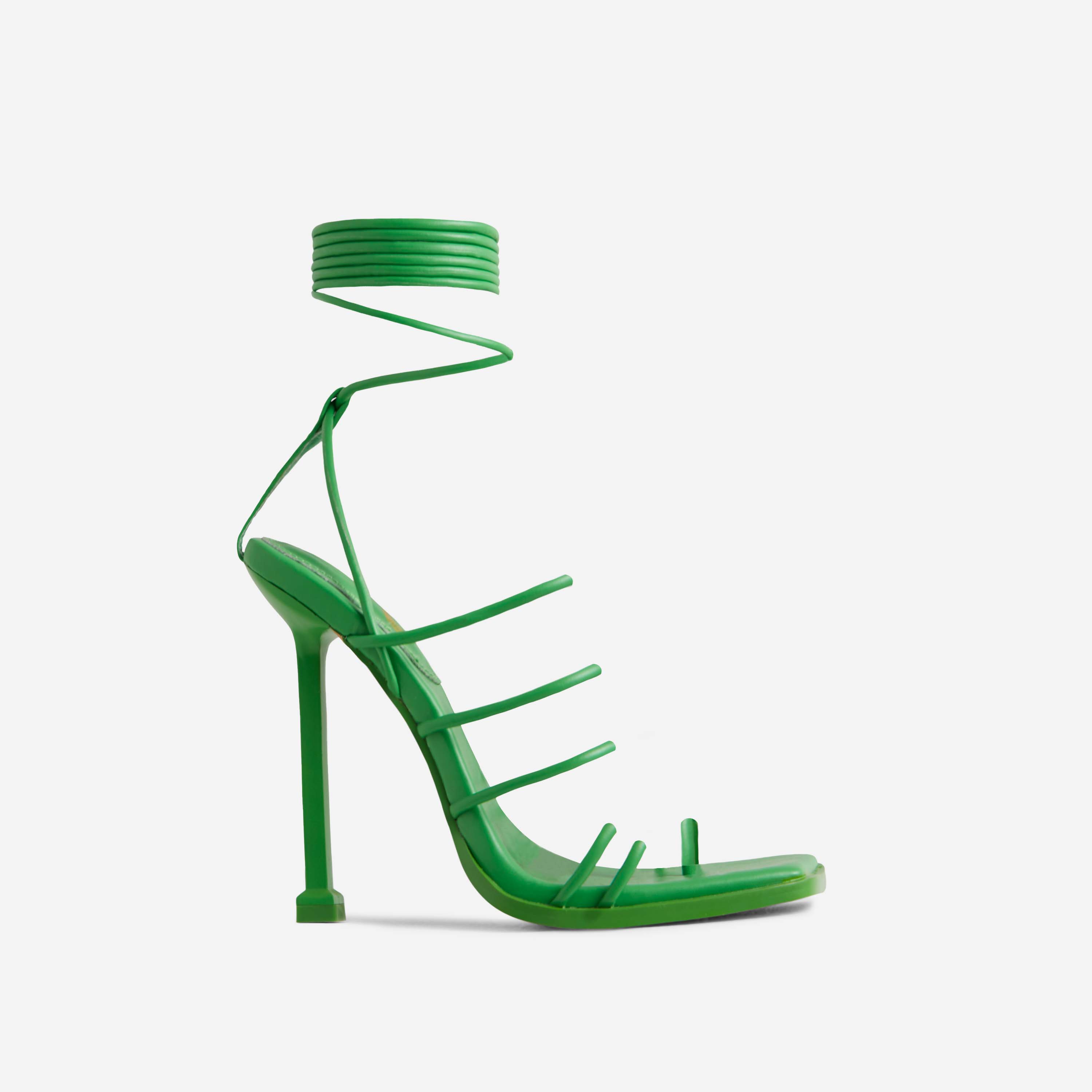 Remi Strappy Lace Up Square Toe Heel In Green Faux Leather, Green (EGO SHOES)