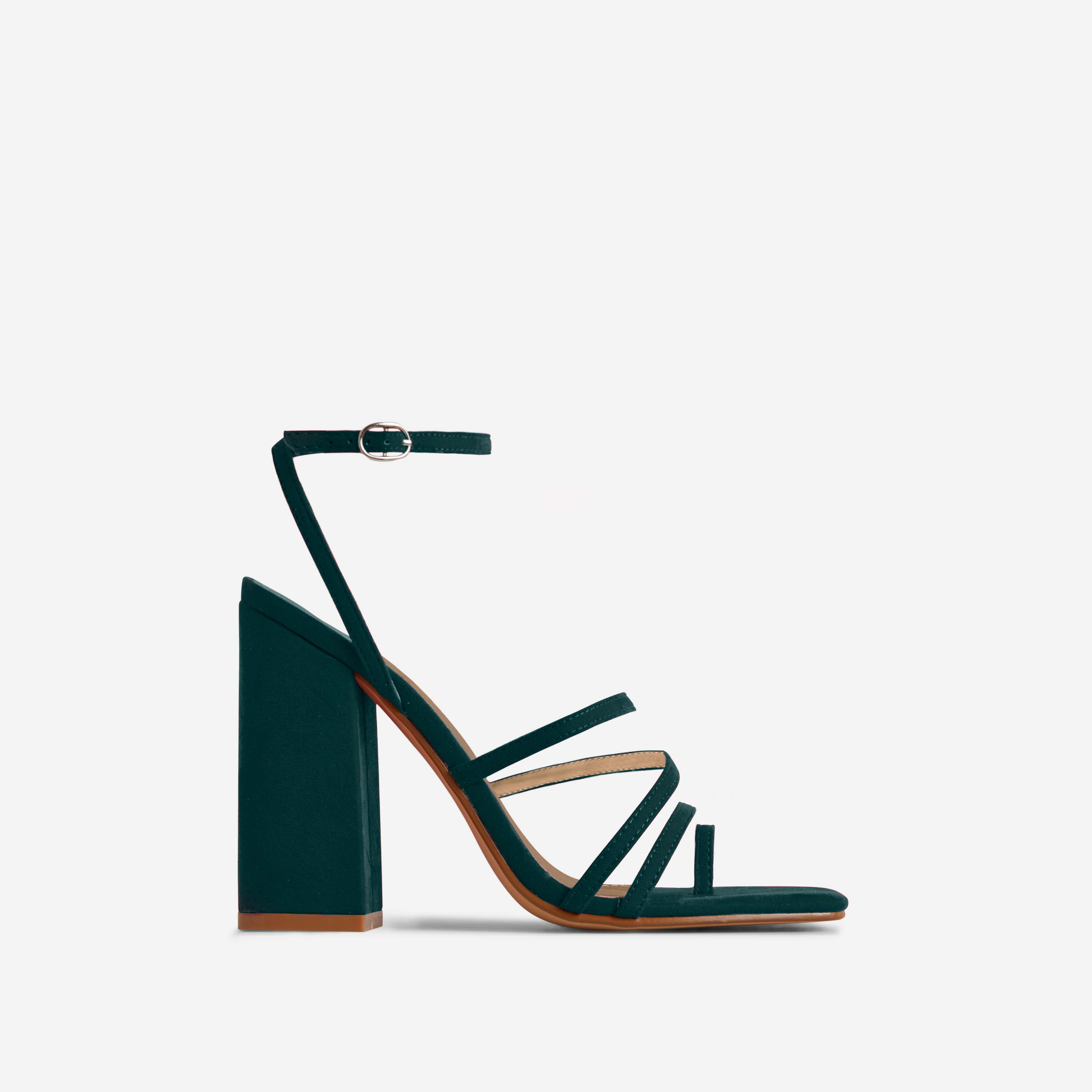 Octavia Wide Fit Strappy Square Toe Block Heel In Dark Green Faux Suede, Green (EGO SHOES)