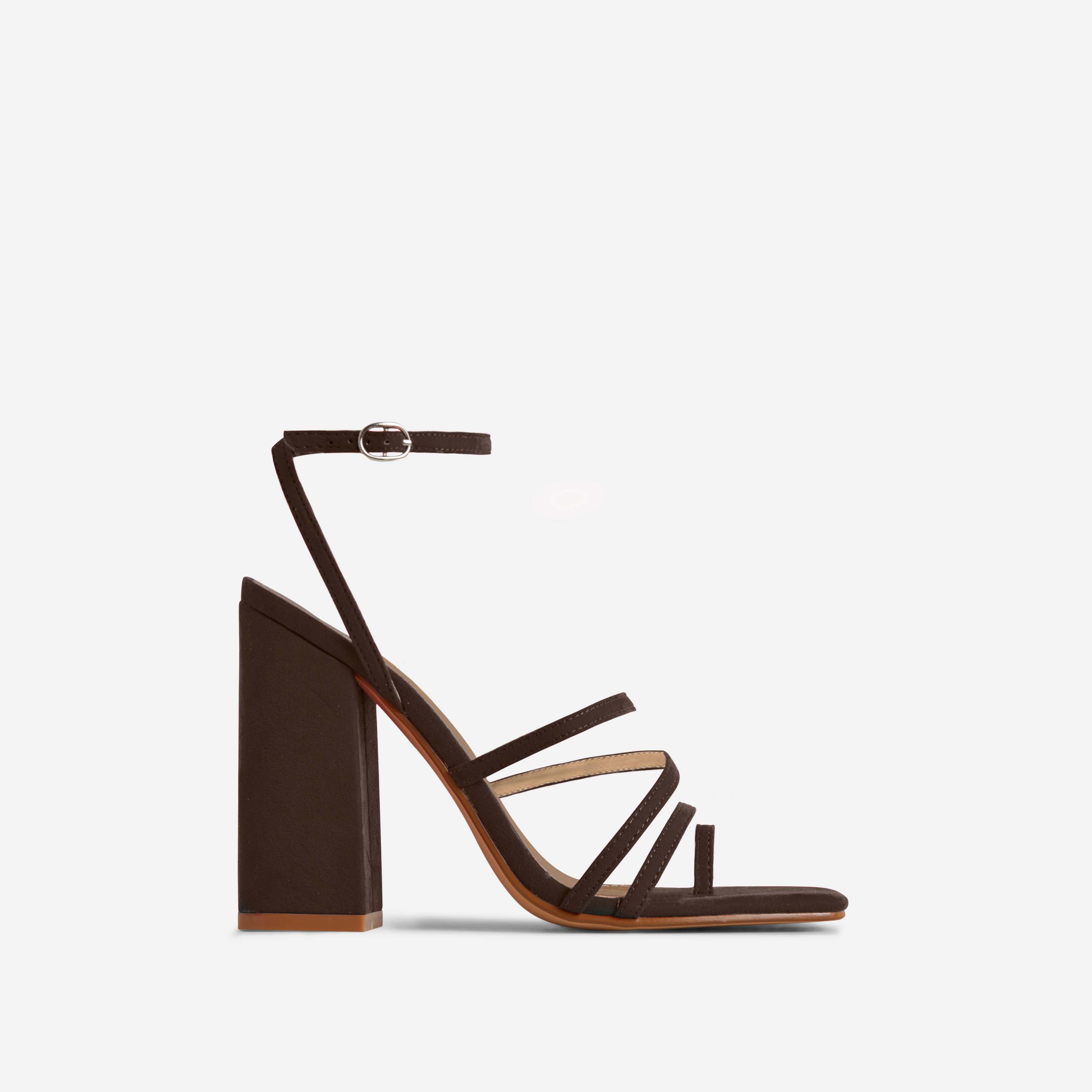 Octavia Strappy Square Toe Block Heel In Dark Brown Faux Suede, Brown (EGO SHOES)