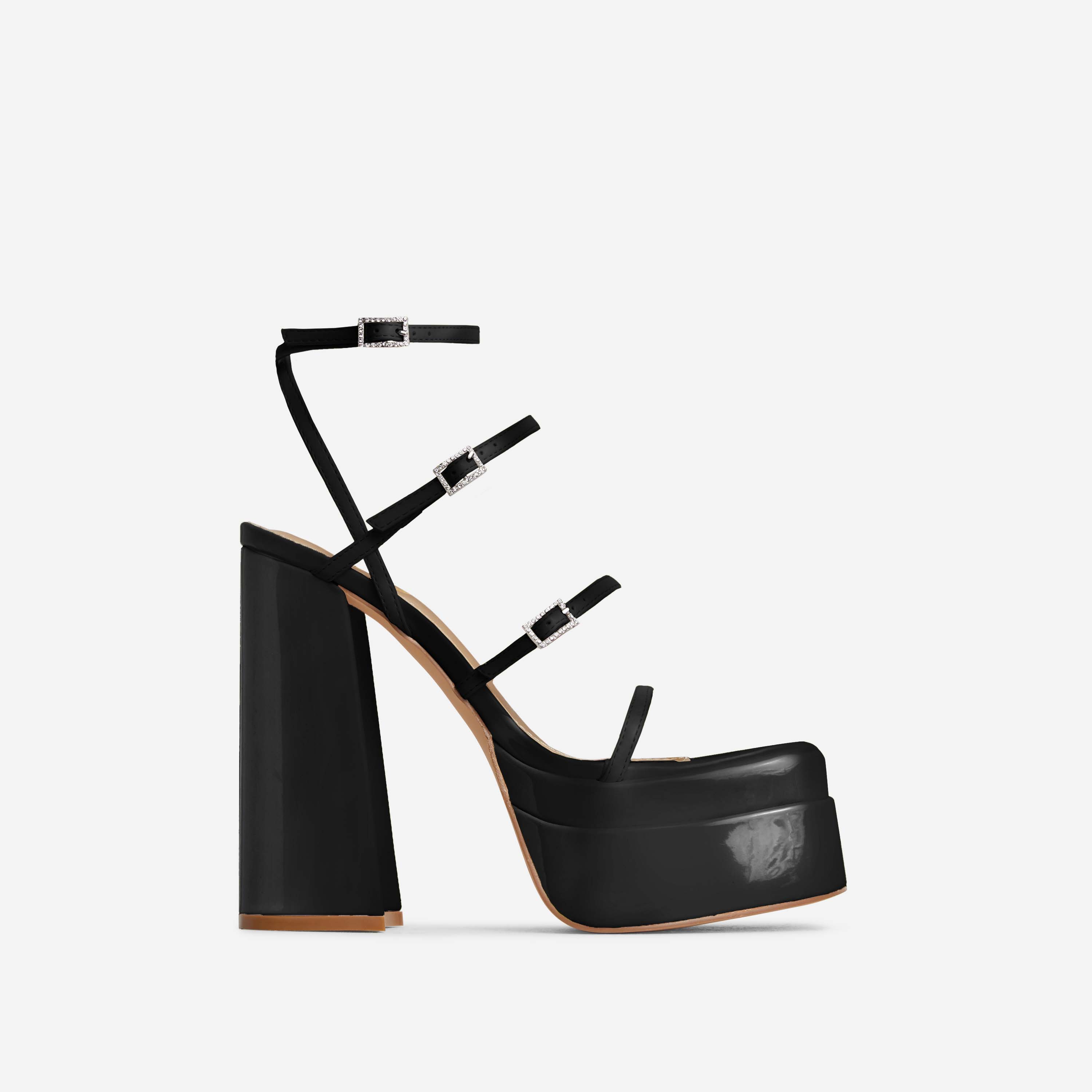 Mavery Strappy Diamante Buckle Square Toe Statement Platform Block Heel In Black Patent, Black (EGO SHOES)