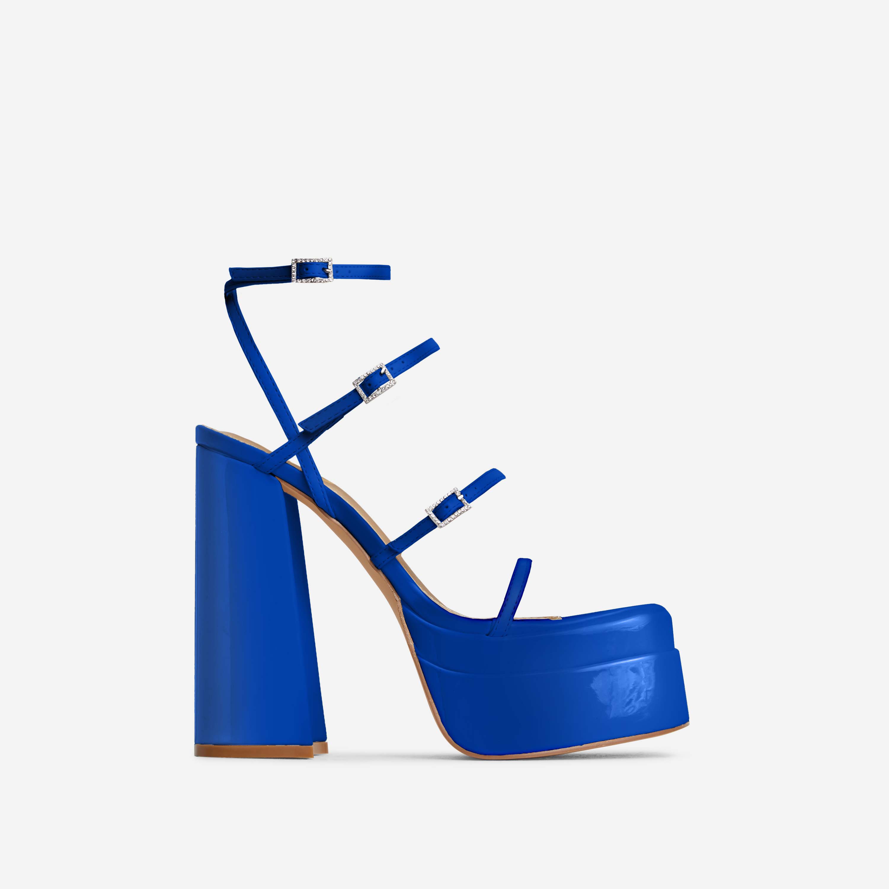 Mavery Strappy Diamante Buckle Square Toe Statement Platform Block Heel In Blue Patent, Blue (EGO SHOES)